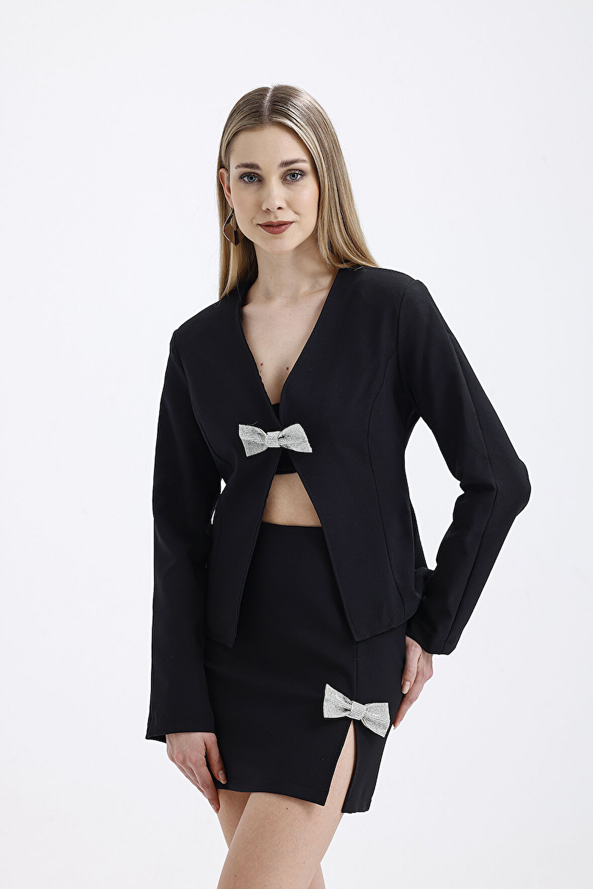 Taşlı Fiyok Detaylı Abiye Etek Ve Astarlı Ceket Takım | Ecktk36066 Siyah