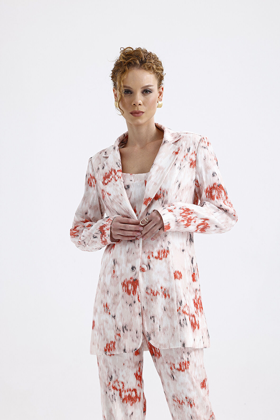 İci Astarlı Desenli Abiye Pul payet Ceket | CKT34264 Beyaz Oranj Batik