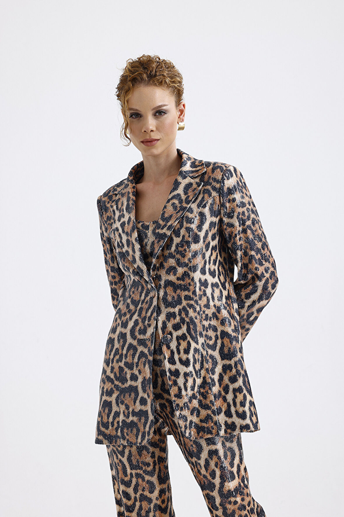 İci Astarlı Desenli Abiye Pul payet Ceket | CKT34264 Büyük Kızıl Leopar