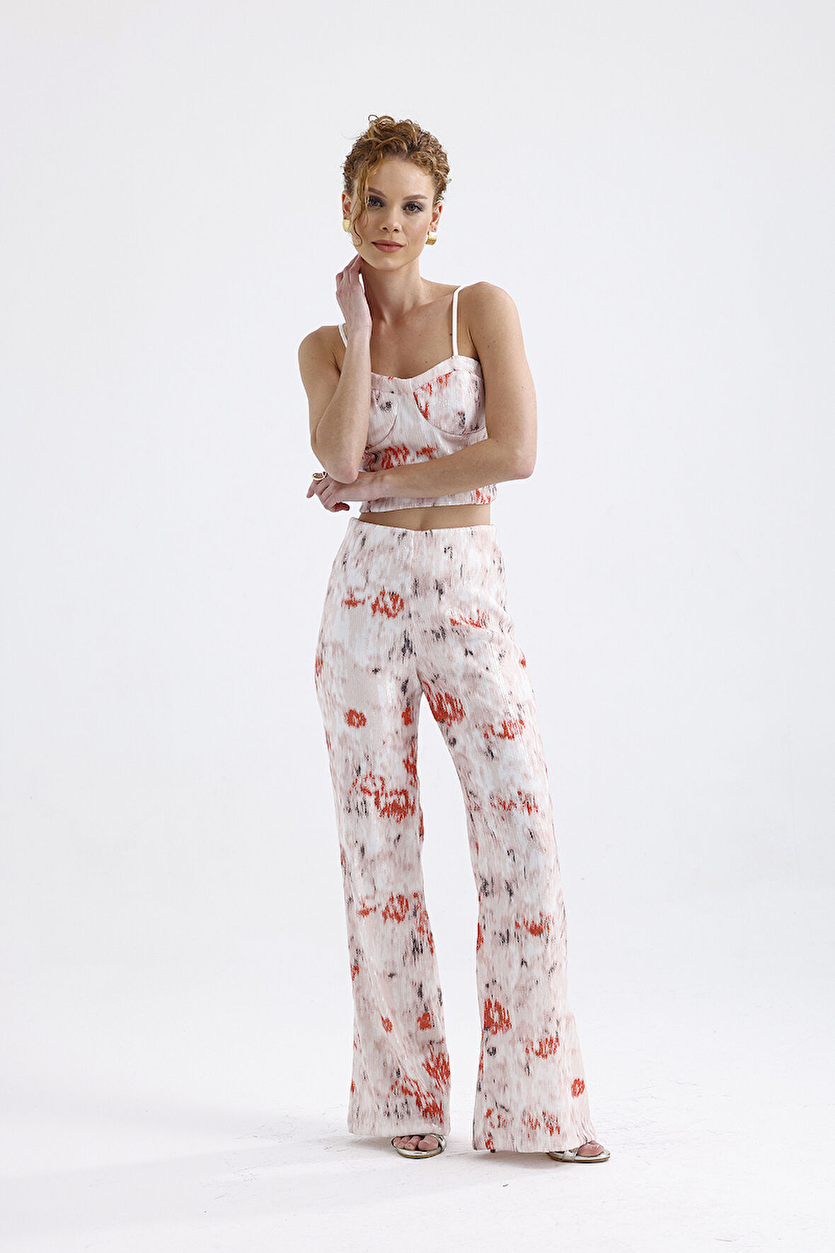 Sense Geniş Paçalı Payet Pantolon | Pnt32440 Beyaz Oranj Batik