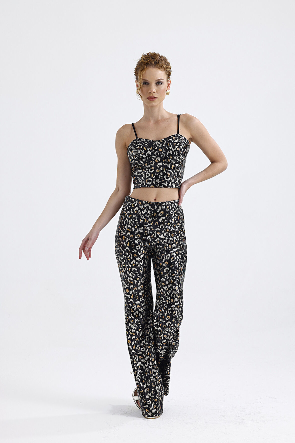 Sense Geniş Paçalı Payet Pantolon | Pnt32440 Siyah Gold Leopar
