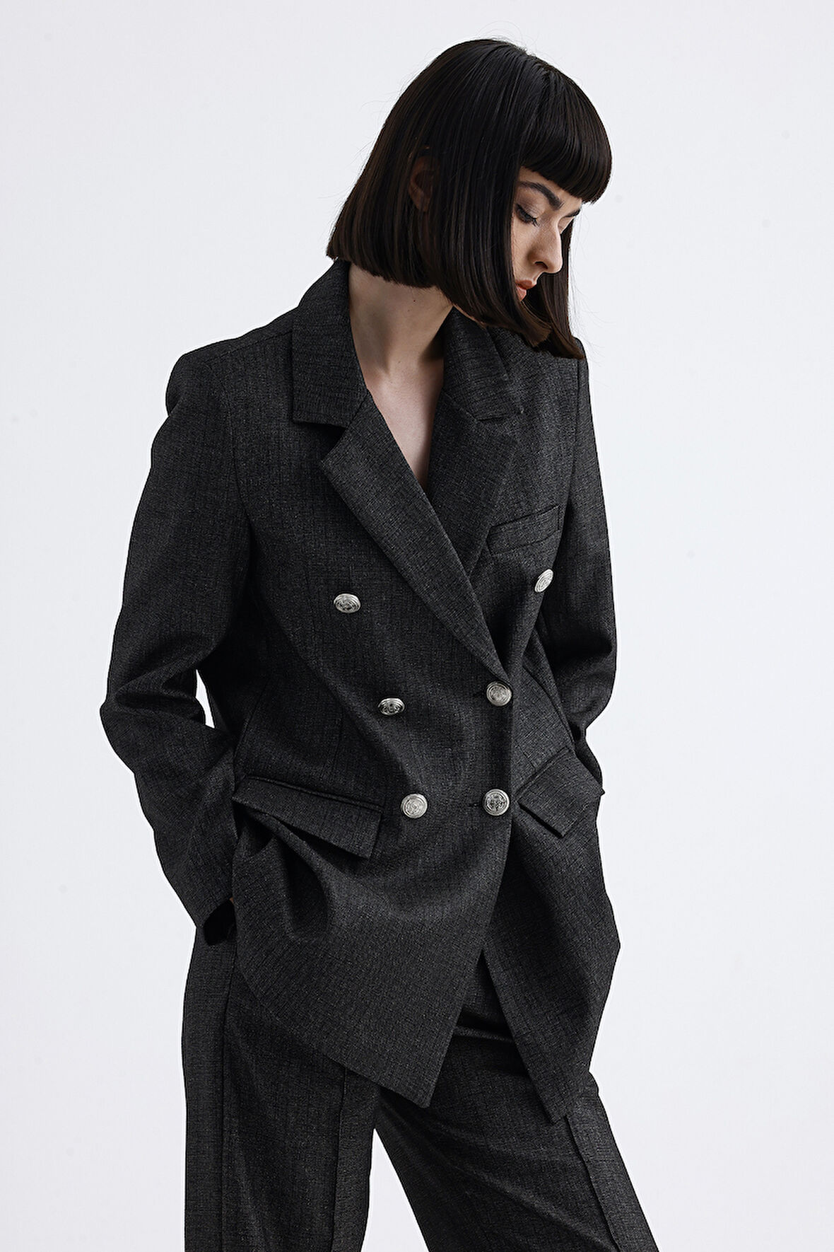 Astarlı Kruvaze Mevsimlik  Kadın Ceket | CKT35837CK Antrasit