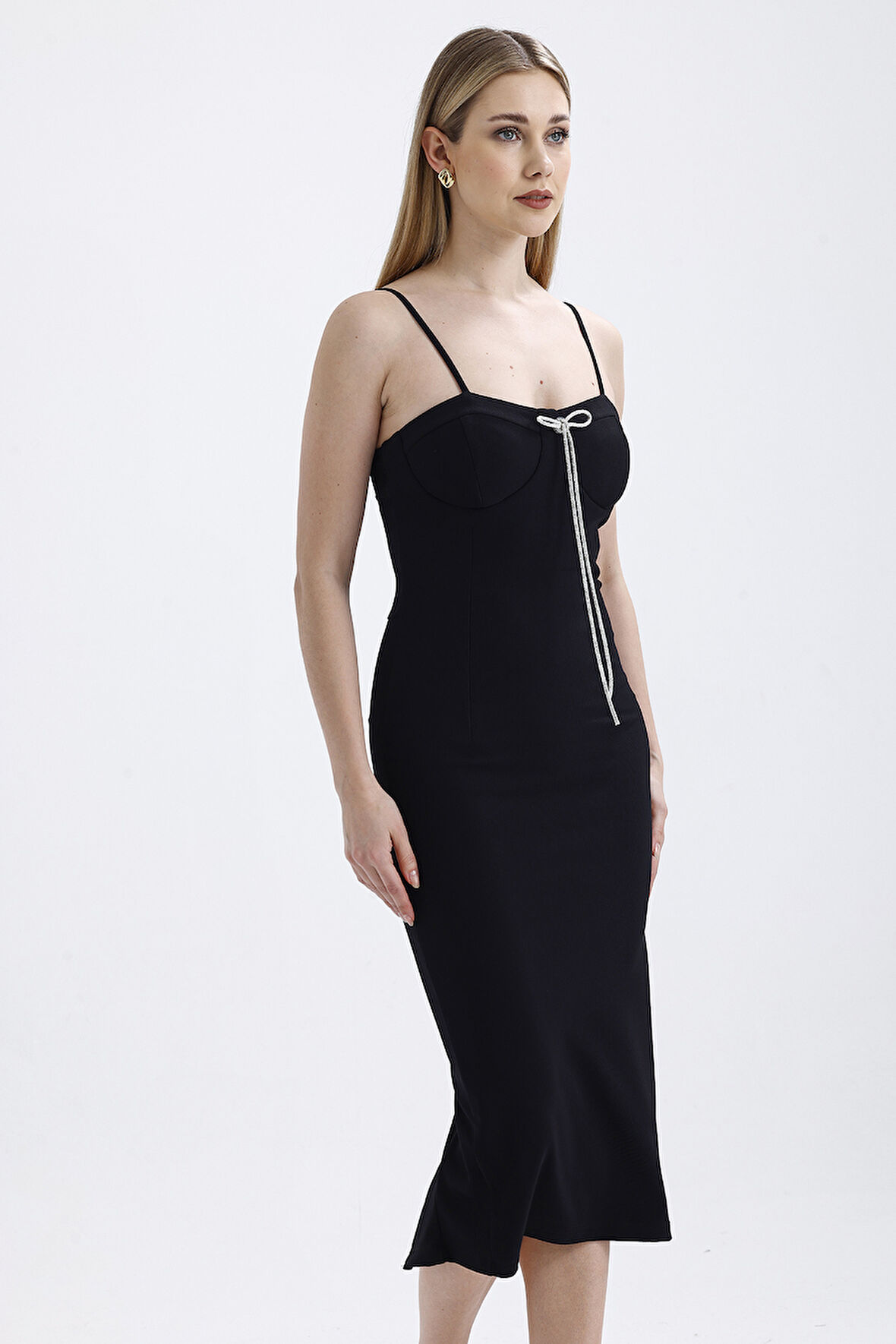 Broş Detaylı  Gizli Fermuarli Gloplu Askili Ottoman Elbise | Elb35442TS Siyah