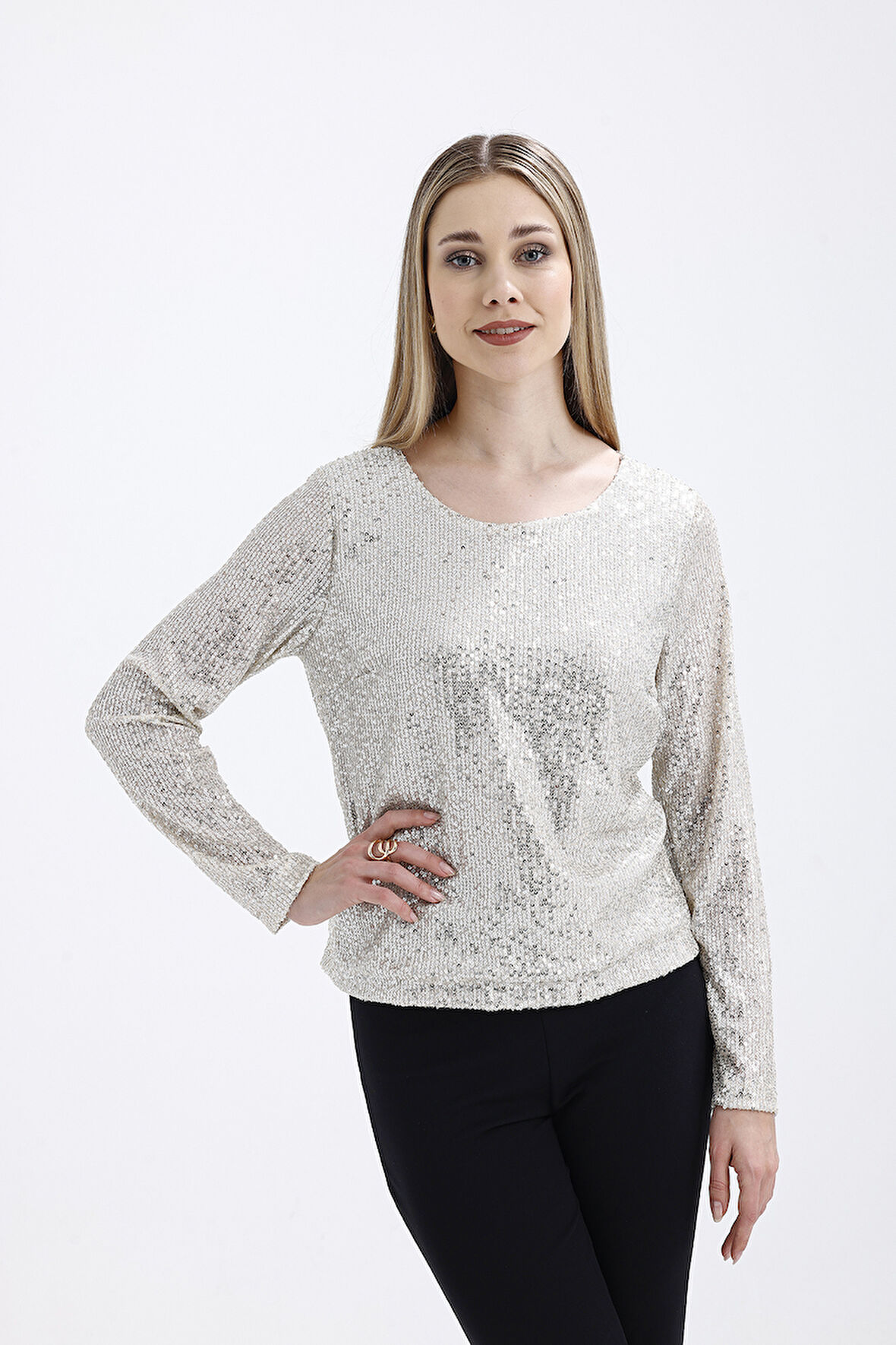 İçi Astarlı Pul Payet Abiye Bluz | Blz35497 Bej