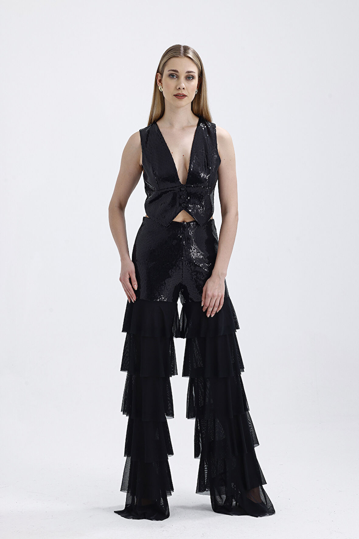 Asatrlı Siyah Işıltılı Pul İşlemeli Kat Kat Volanlı Siyah Toptan Kadın Pantolon | PNT36073 Siyah