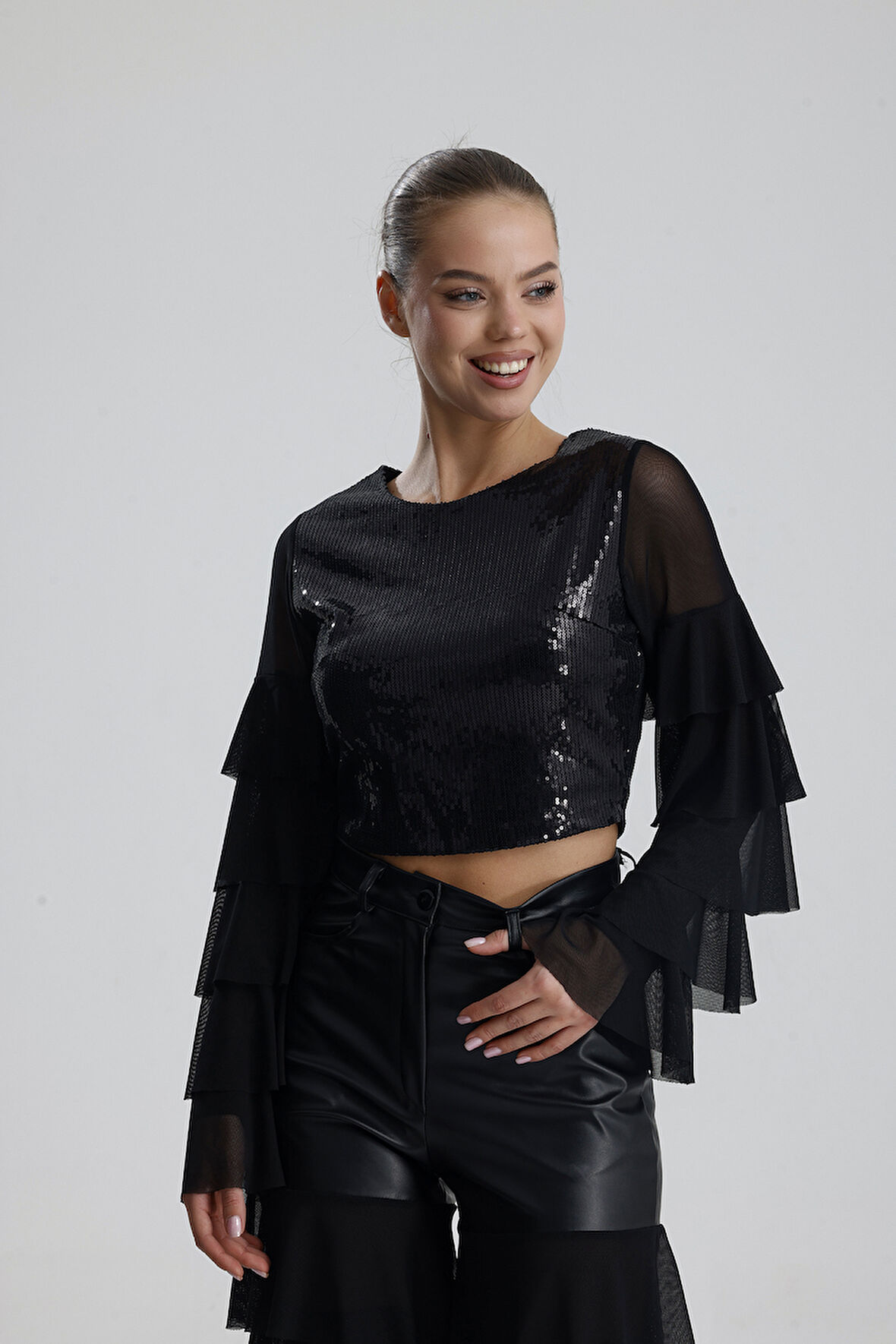Payetli Tül Kol Crop Bluz | BUST36090 Siyah