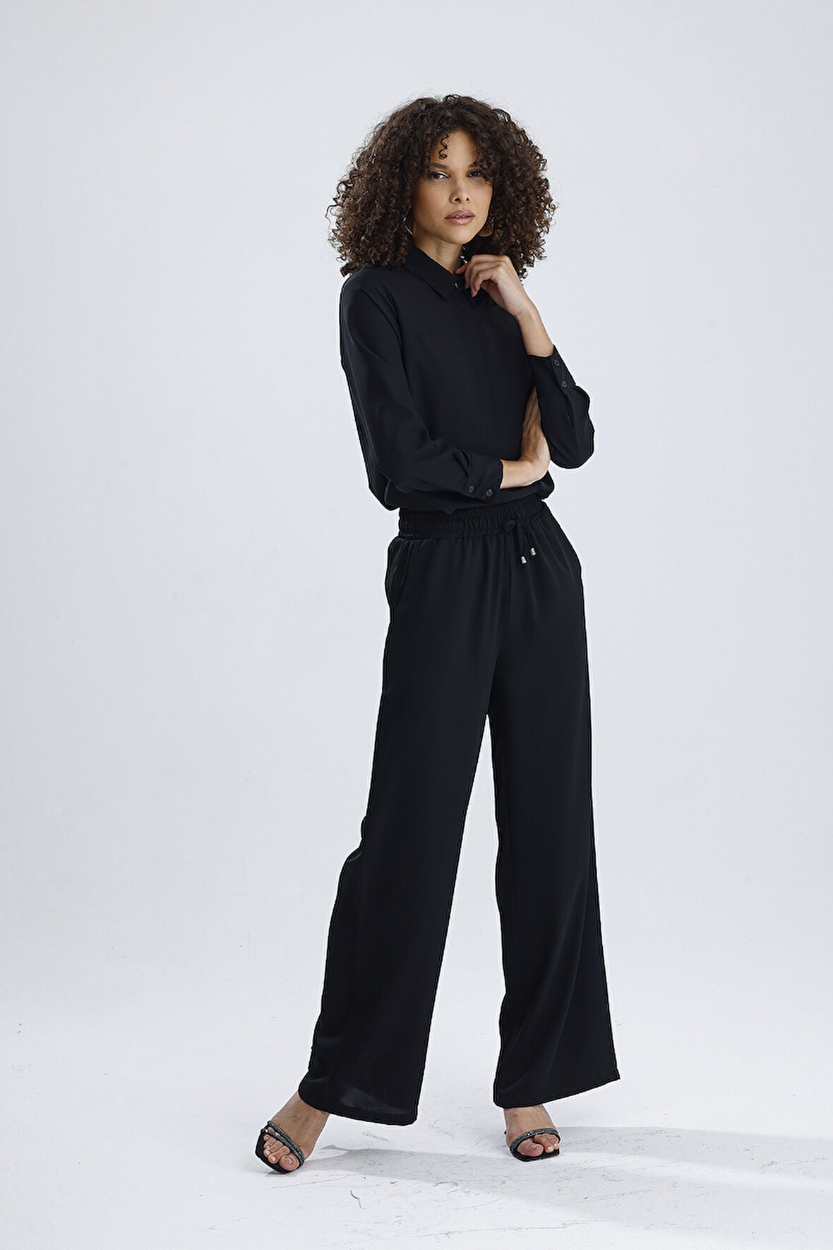 Esnek Bel Cep Detaylı  Bol Paça Dupai  Pantolon | PNT36144 Siyah