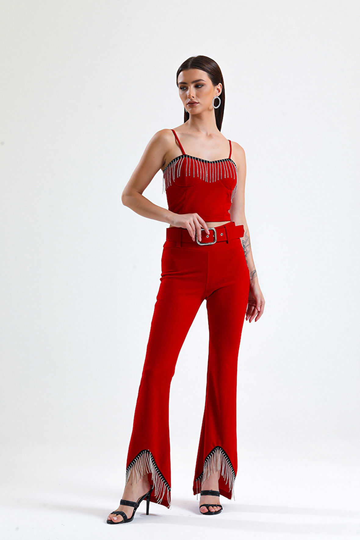 Beli Kemerli Sıralı Taş Zincir Detaylı  Scuba Krep Abiye Pantolon | Pnt34307 Kırmızı