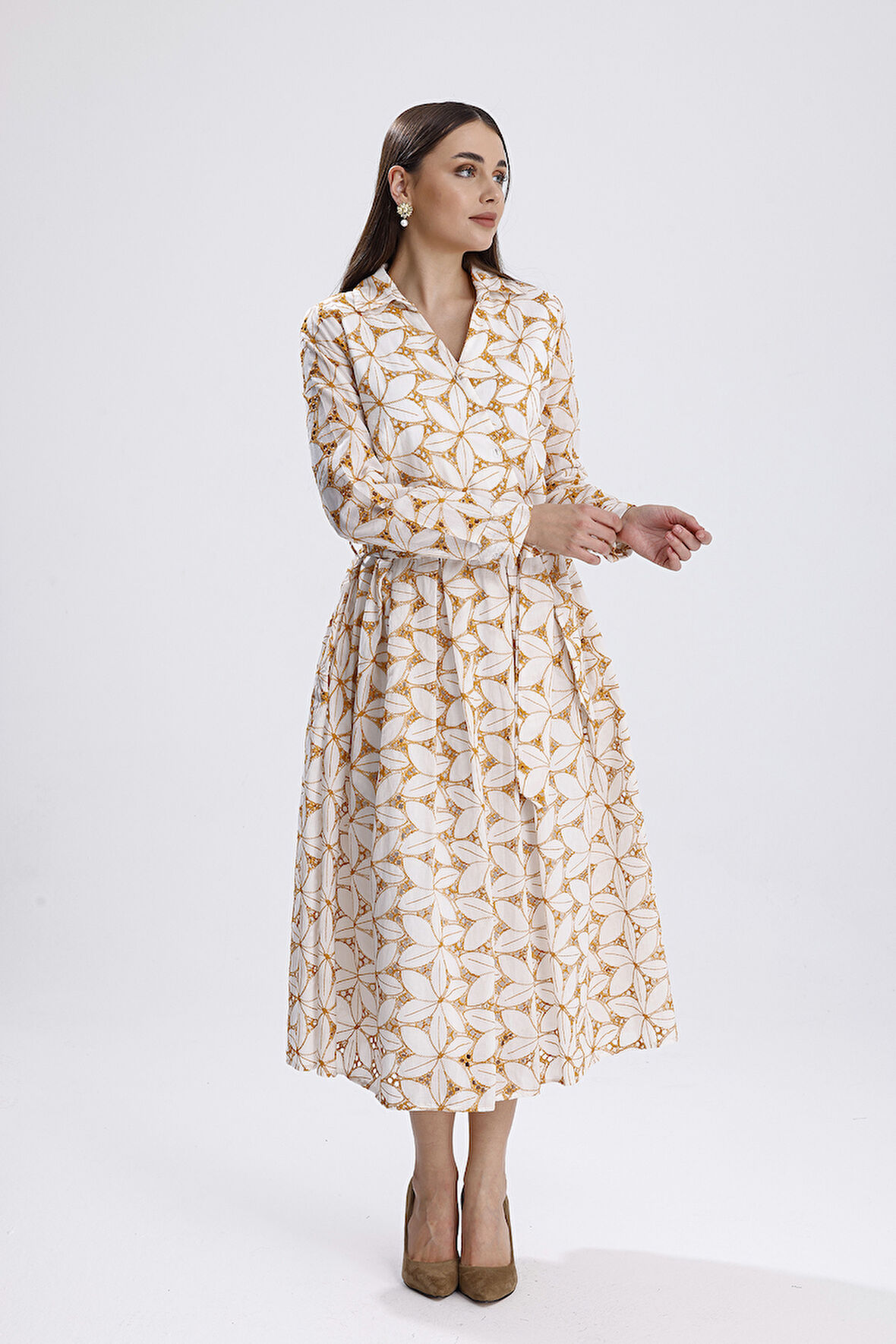 Beli Kemerli Düğmeli Fisto Elbise | ELB36210 Ekru Safran