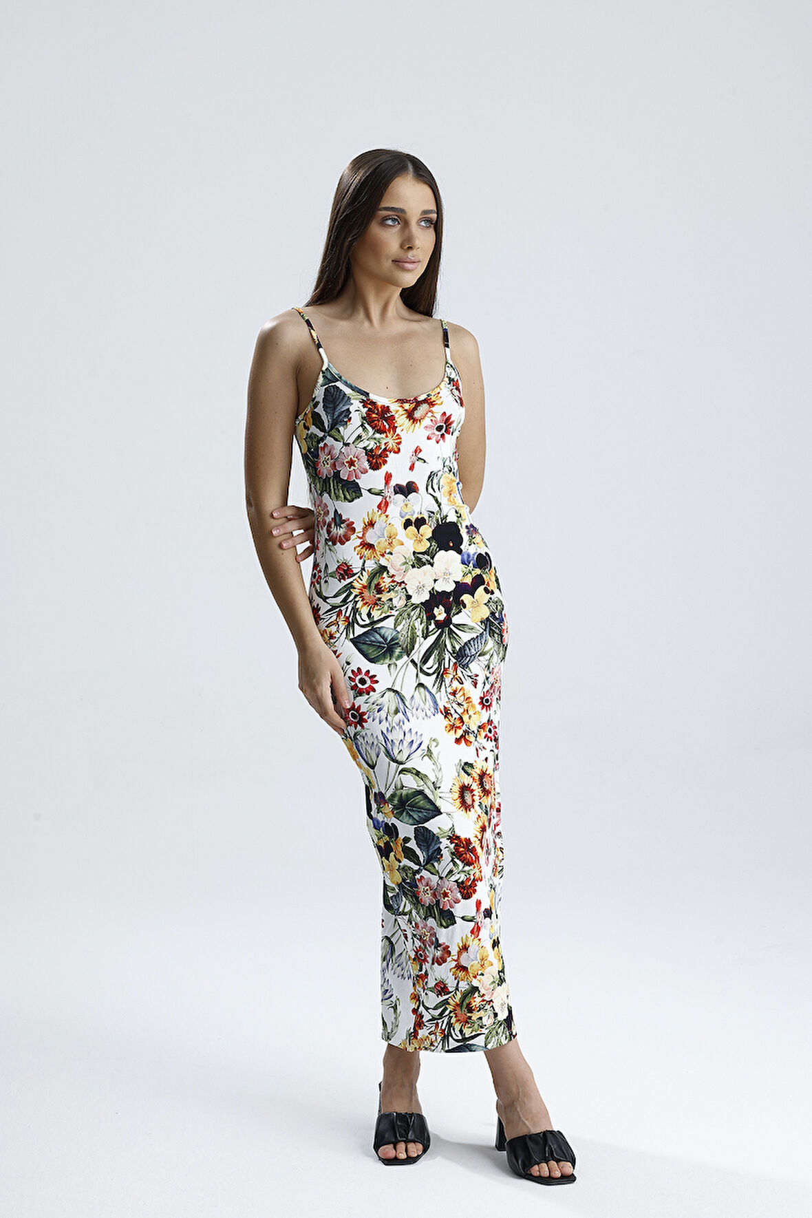 Yırtmaçlı Askılı Likralı Viskon Elbise | ELB35782 Ayçiçek Desen