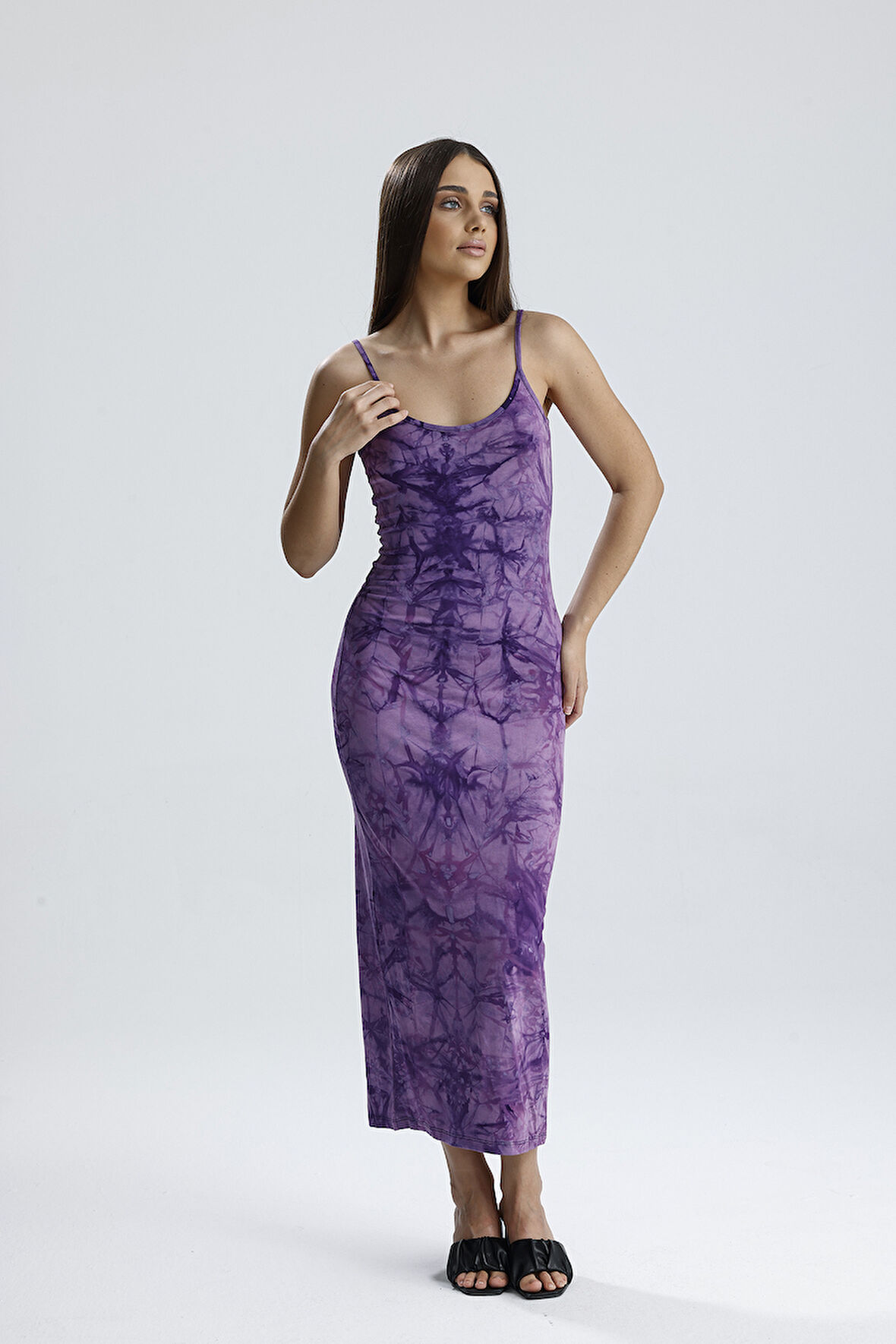 Yırtmaçlı Askılı Likralı Viskon Elbise | ELB35782 Mor Batik