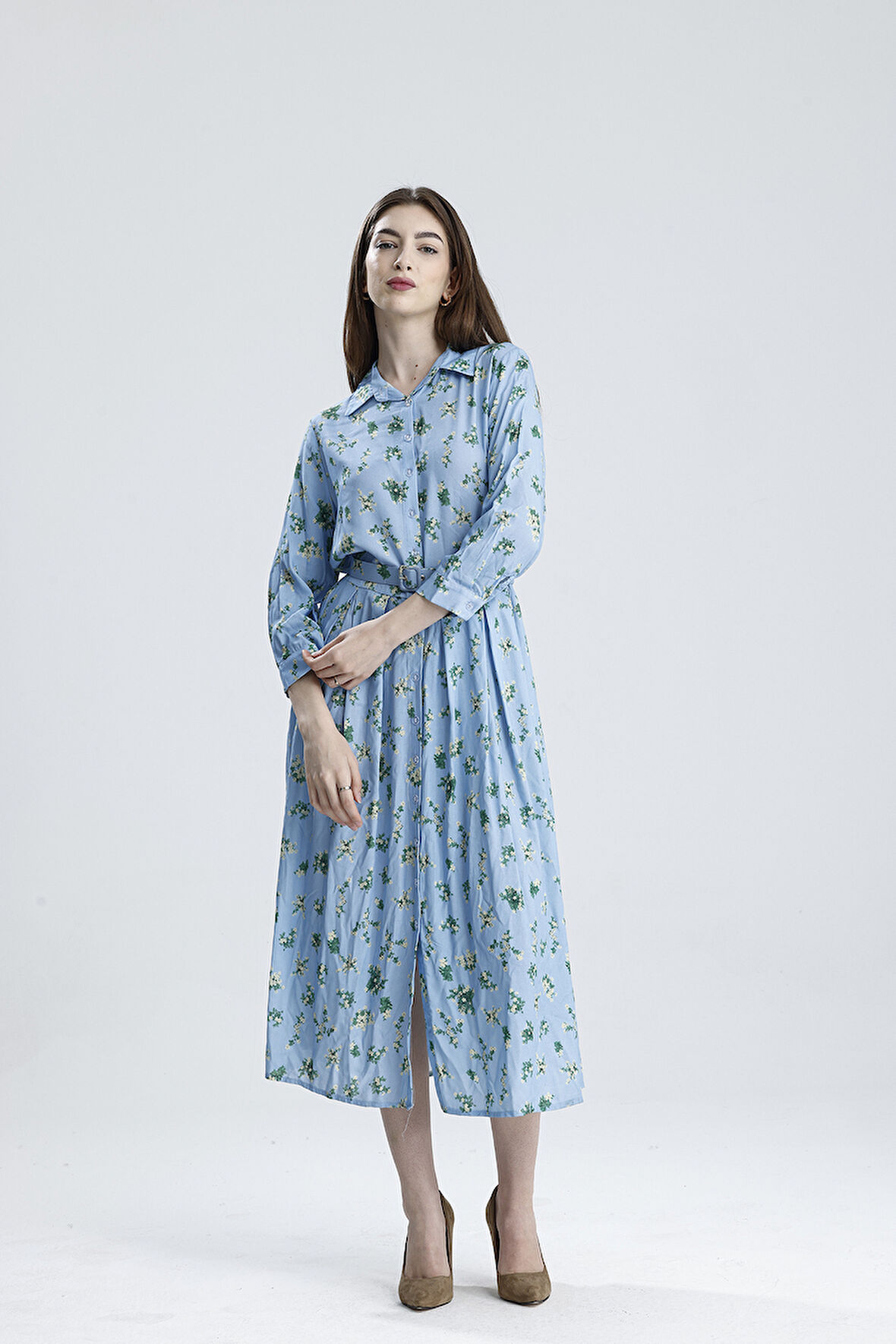 PİLELİ BELİ KEMERLİ ÇİÇEKLİ VİSKON ELBİSE | ELB36219 Mavi Çiçekli