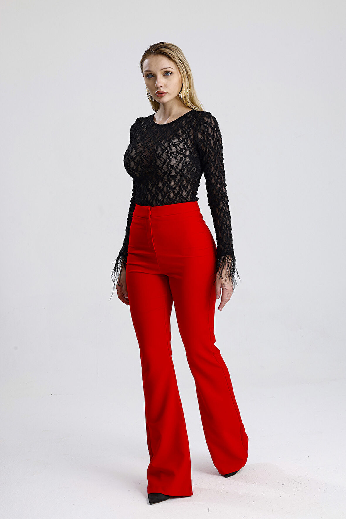 İspanyol Paça Fermuarlı  Cepli Hürrem Pantolon | Pnt35010 Kırmızı