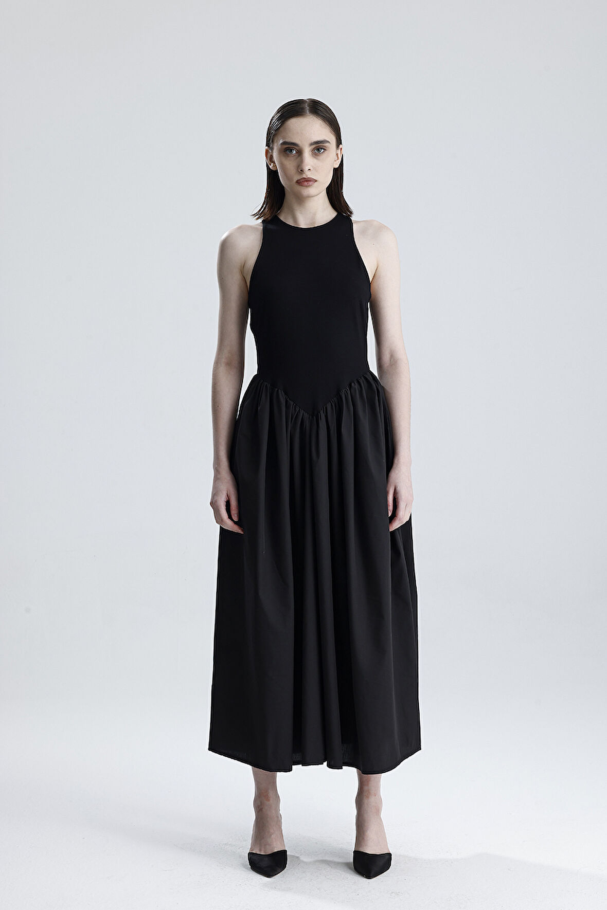 ALT DOKUMA ÜST TÜRLÜ VİSKON KOLSUZ ELBİSE | ELB36288 Siyah