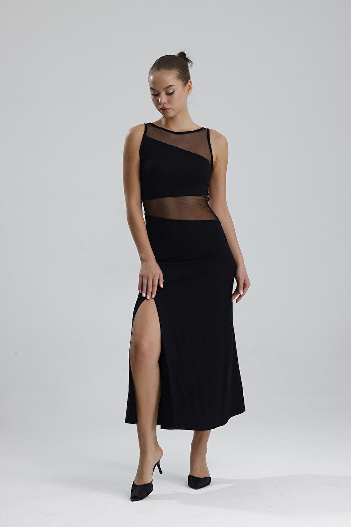 Transparan Detaylı Uzun Elbise | ELB35747 Siyah