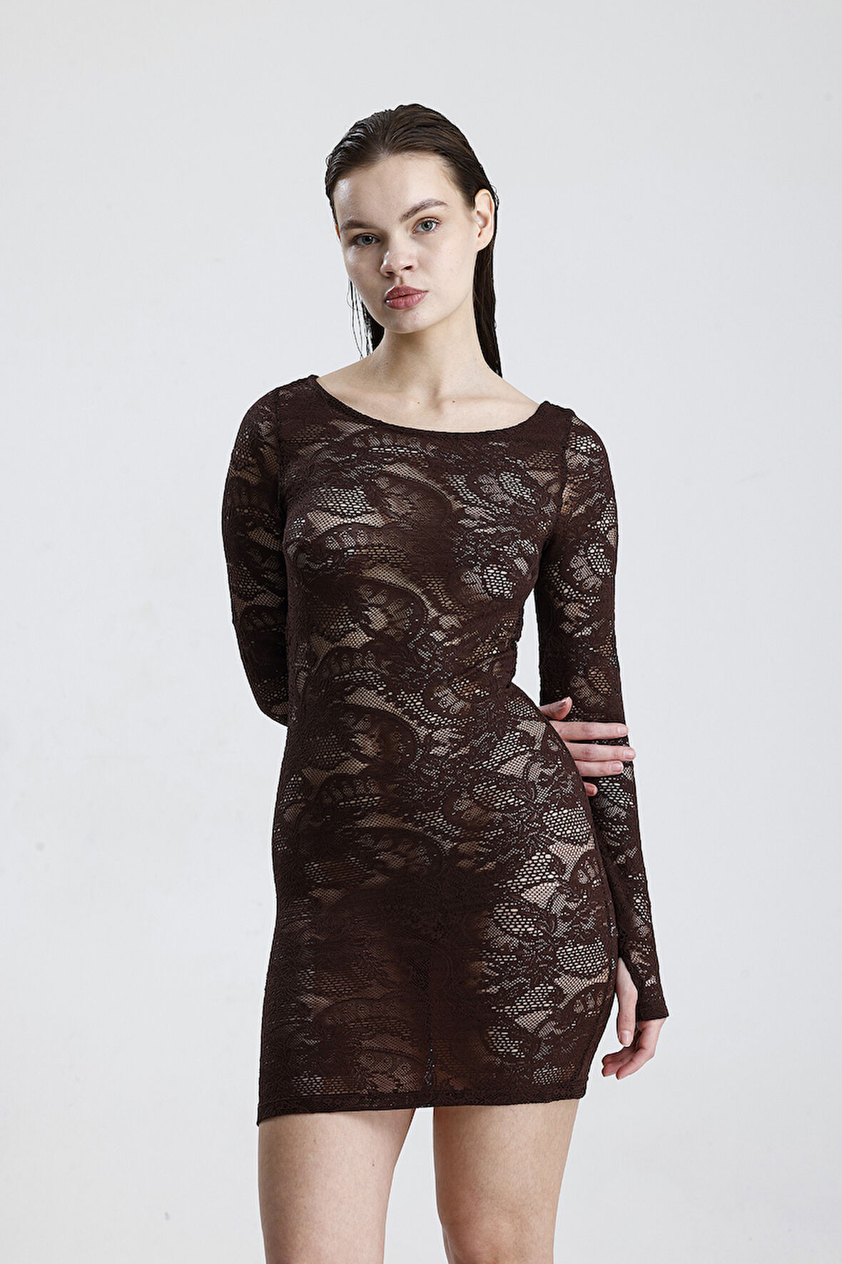 Dantel Mini Elbise - Uzun Kollu, Şık Gece ve Parti Elbisesi | ELB36380 Kahve