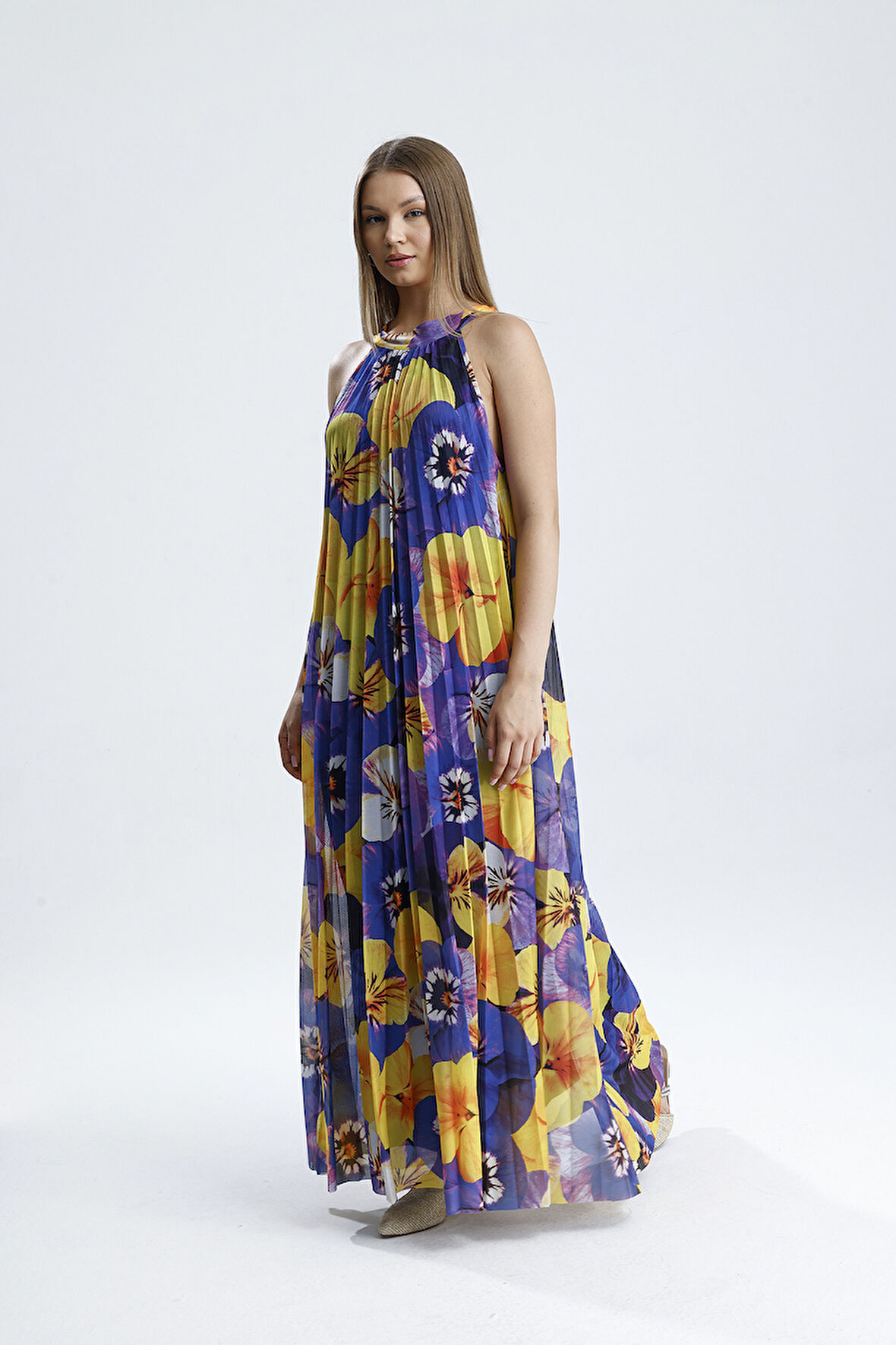 Astarlı Çiçek Desenli, Rahat Kesim, Şık Yazlık Uzun Elbise | ELB36404 Sarı Mor Çiçekli