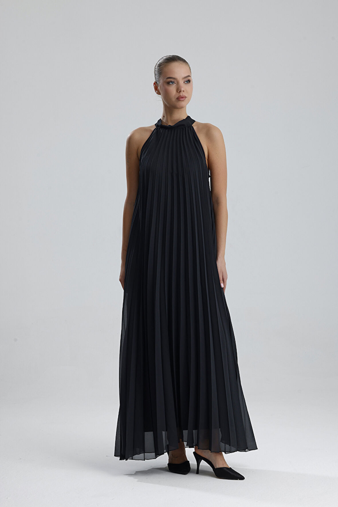 Astarlı Piliseli Uzun Abiye Desenli  Şifon Elbise | ELB35127SF Antrasit