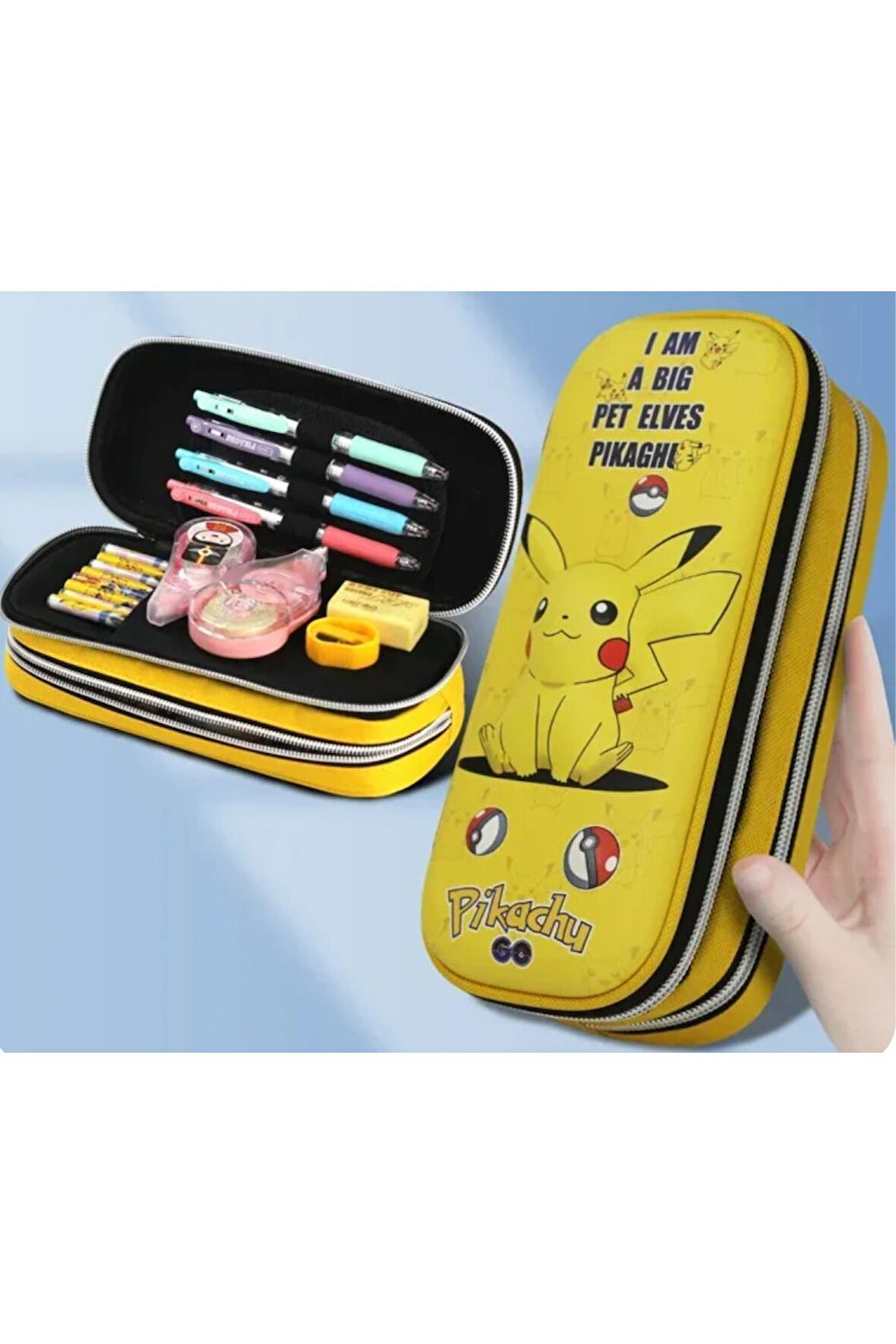 Pokemon Pikachu Büyük Kapasiteli Çift Fermuarlı 3D Sert Kapaklı Kalem Kutusu