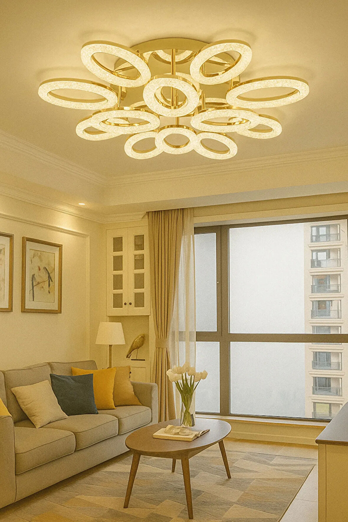 Sima Avize Kumandalı 3 Renk Işık ,Modern Kaplama ,Led Avize Salon Mutfak Avize 12 li gold