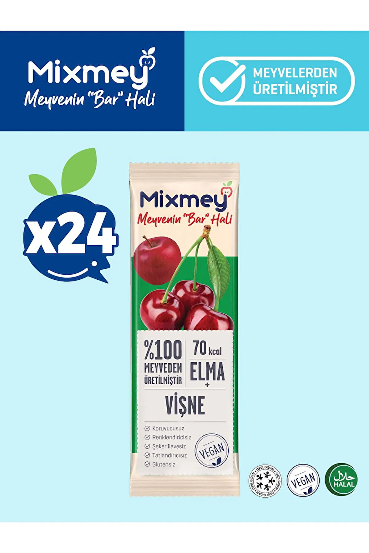 Mixmey Vişne Meyve Bar 24 Adet | Glutensiz, Vegan Sağlıklı Atıştırmalık - 20gr X 24 Adet