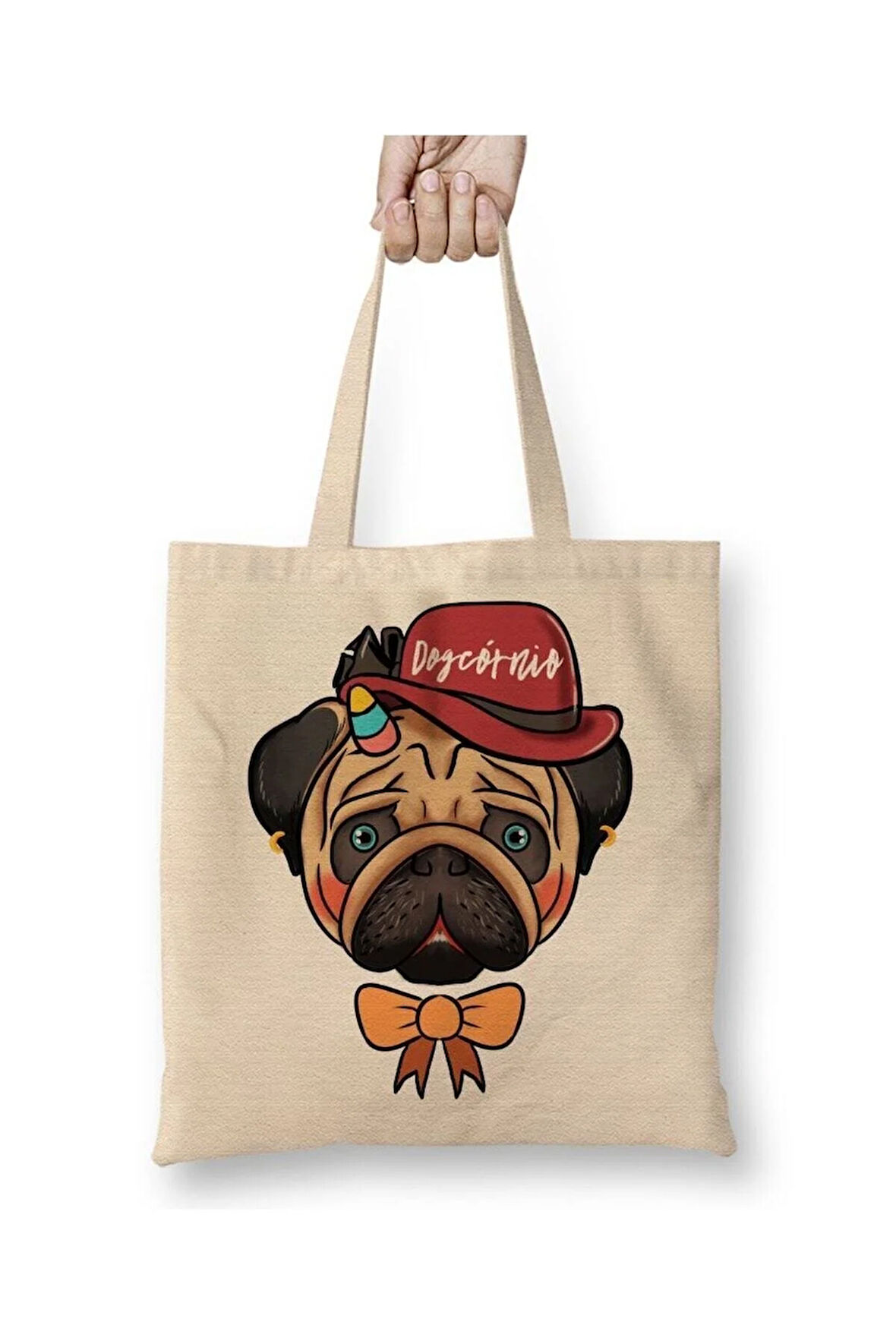 Pug Köpek Beyaz Bez Çanta Uzun Saplı Alışveriş Çantası Plaj Çantası