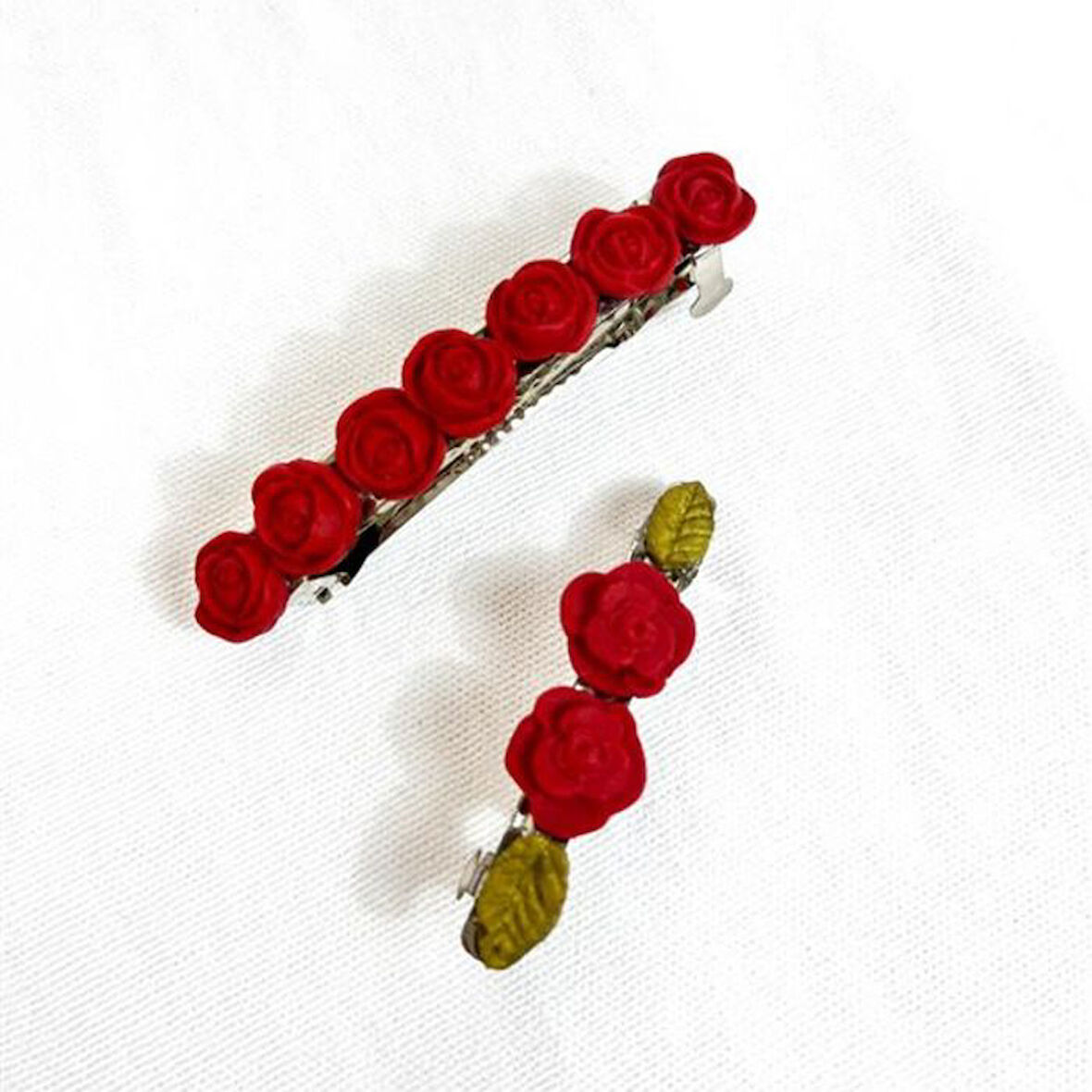 Uretti - Hülya 6683 El Yapımı Gül Desenli Polimer Kil 2’li Set Klipsli Saç Tokası / 8 cm - 6 cm