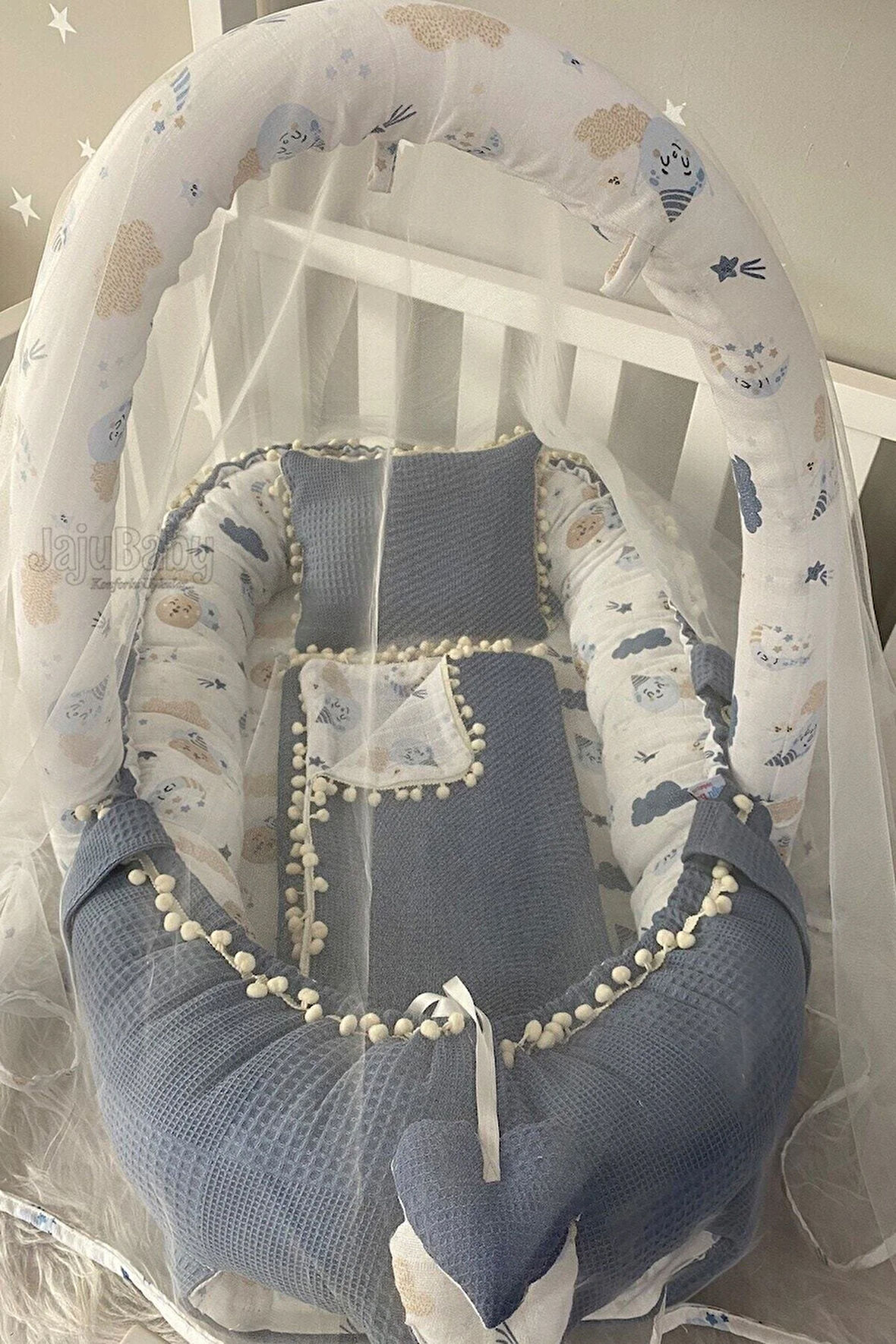 Nest Denim Pike Kumaş Müslin Ponponlu Jaju-babynest Ve Yorgan Oyuncak Aparat Ve Tül Set