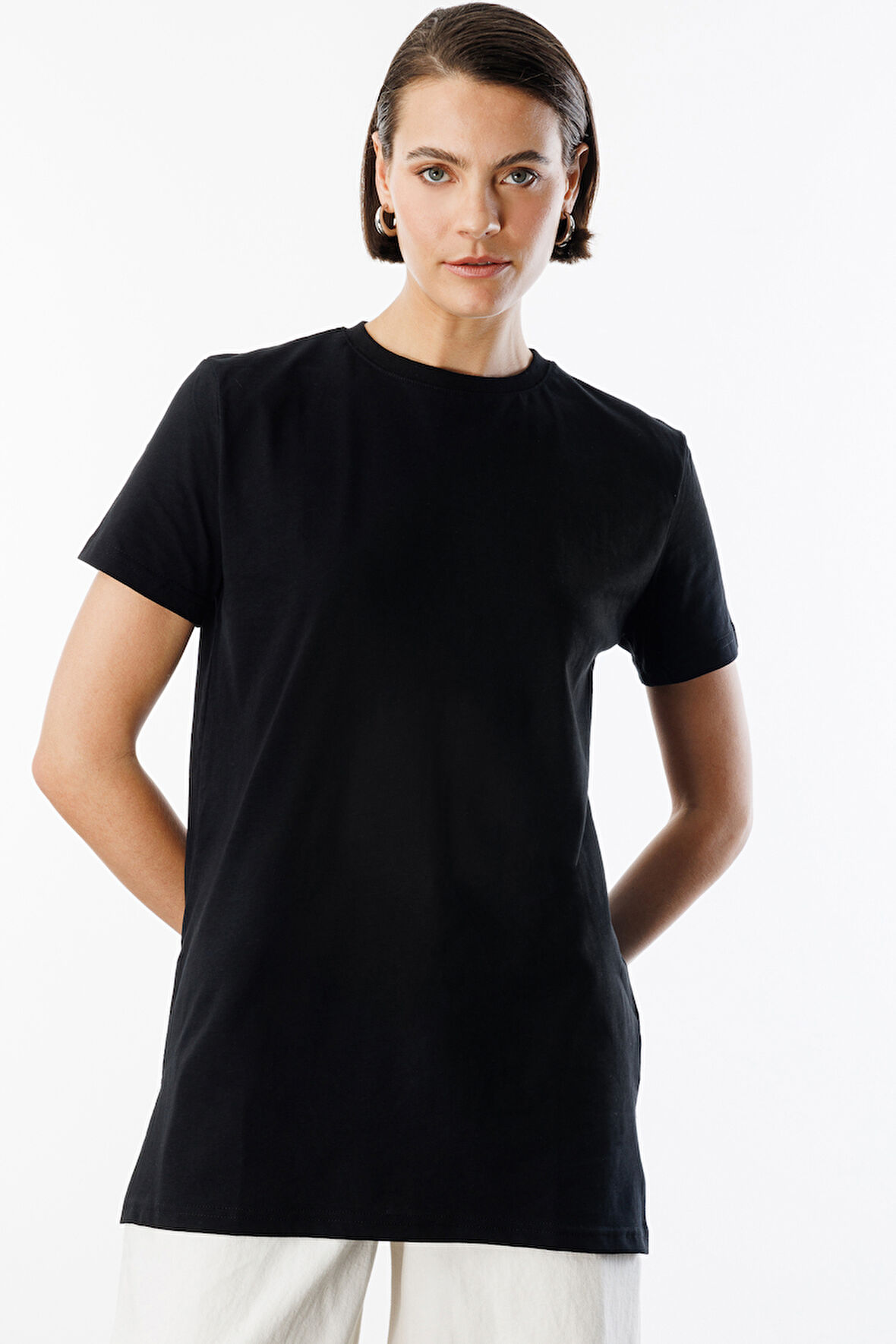 Regular Fit Bisiklet Yaka Basic Düz Kısa Kollu %100 Pamuk Tunik OVERSIZE-TUNIK