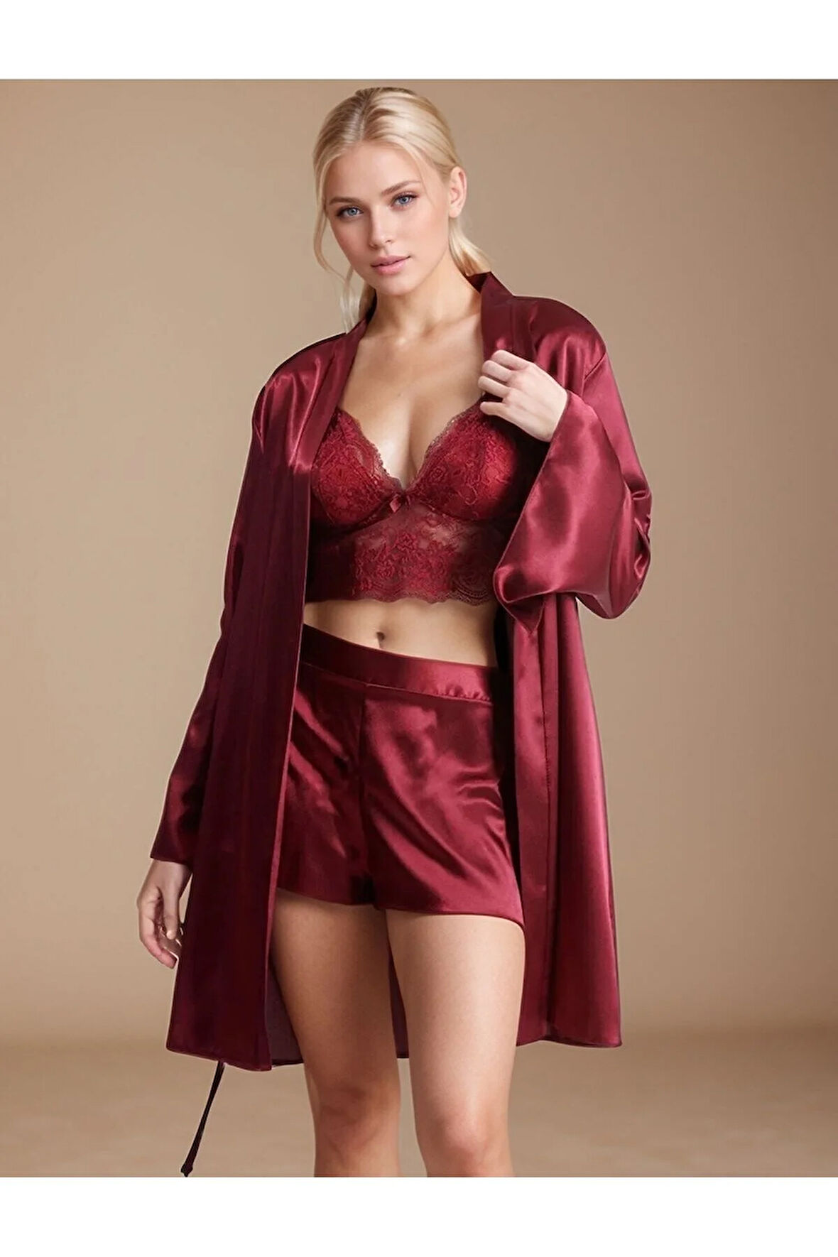 Kadın Saten Pudra Gecelik&Sabahlık-Pijama Üst-Pijama Alt& Büstiyer&Şort 6'lı Gelin Çeyiz Seti
