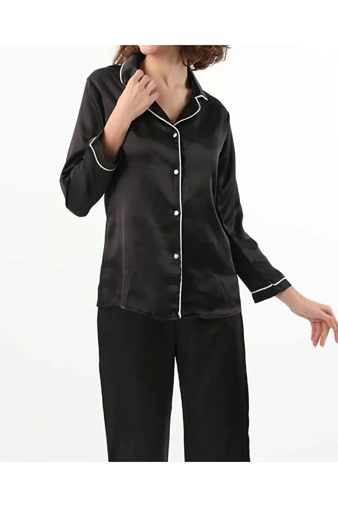 Kadın Saten Siyah Gecelik & Sabahlık Pijama Alt & Büstiyer & Şort 6'lı Gelin Çeyiz Seti