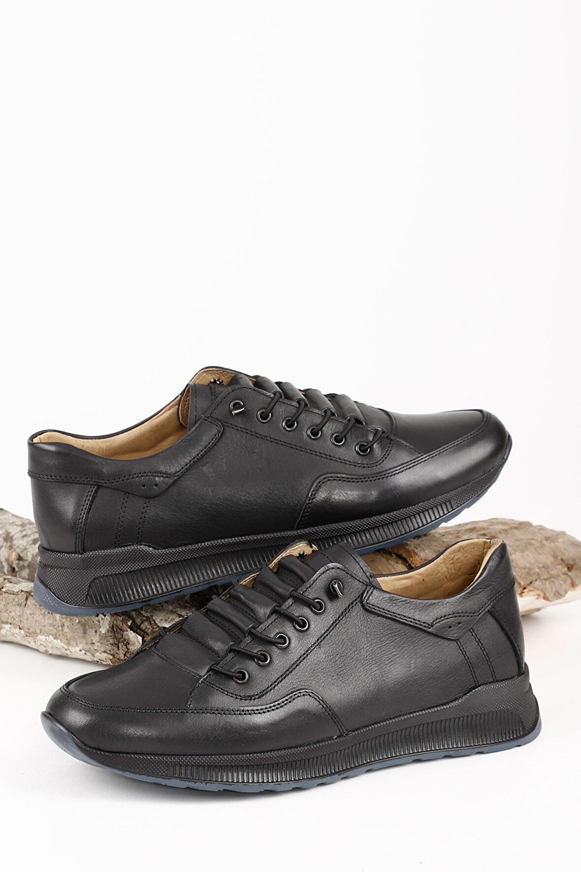 SİYAH Gön Hakiki Deri Yuvarlak Burun Bağcıklı Günlük Erkek Sneaker 01934