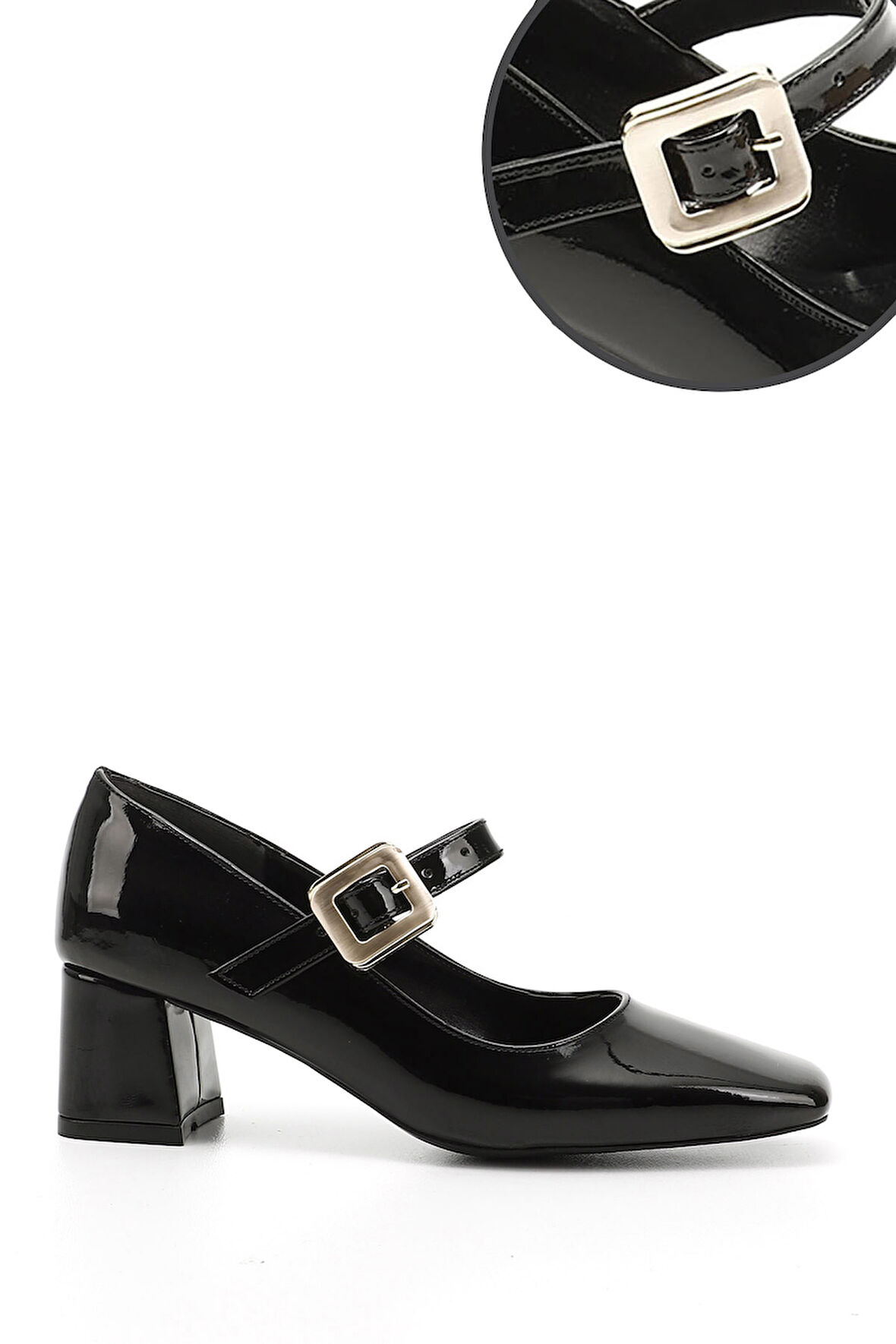 Siyah Rugan Küt Burun Kare Ökçe Mary Jane Ayakkabı