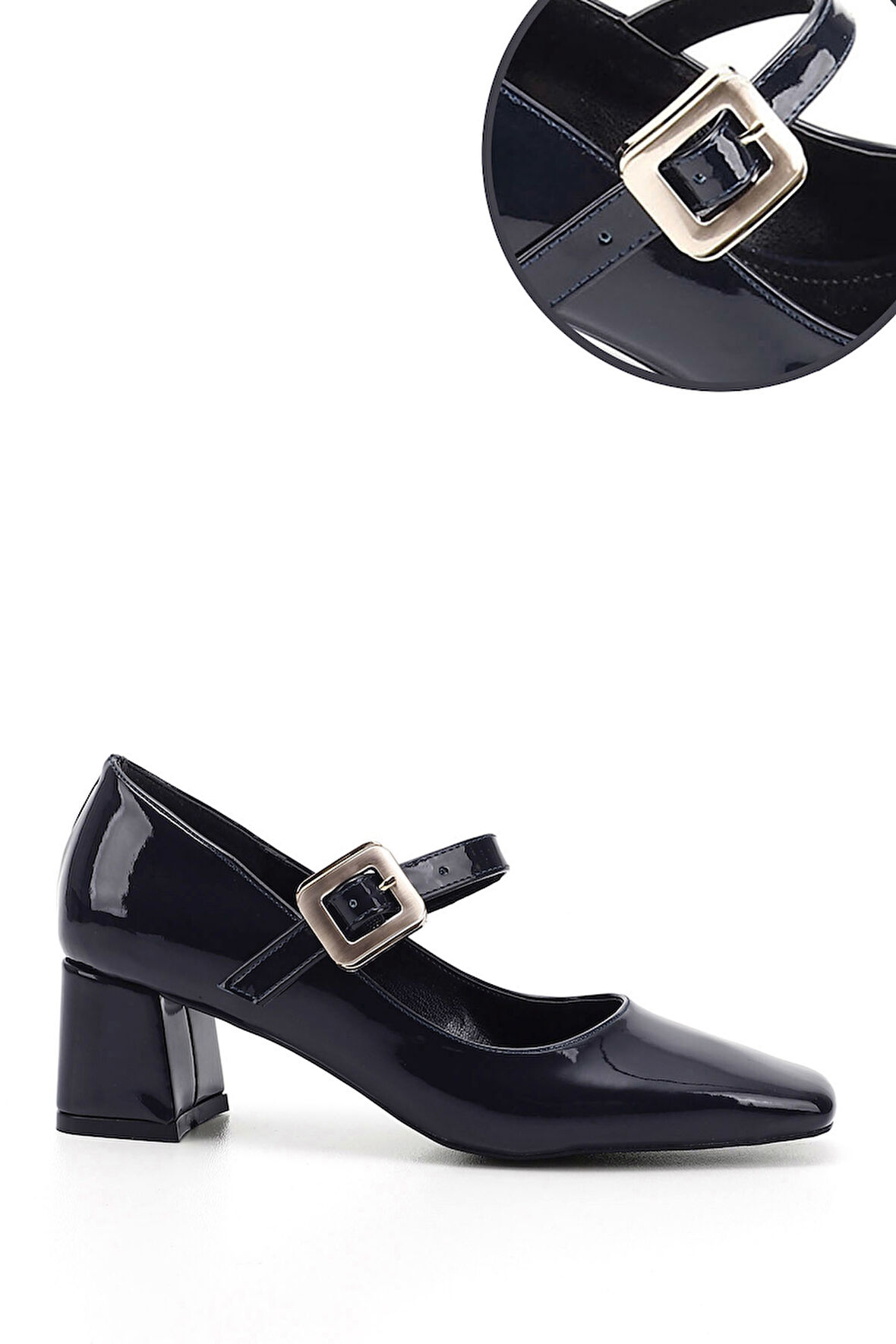 Lacivert Rugan Küt Burun Kare Ökçe Mary Jane Ayakkabı