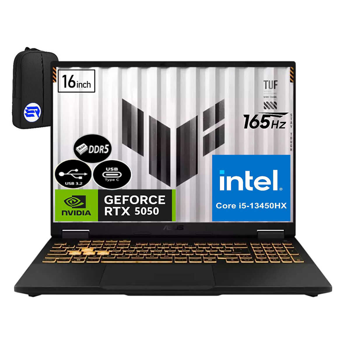 Asus Tuf Gaming F16 FX608JH-RV082EP2 Intel Core I5-13450HX 32GB 512GB SSD RTX5050 115W 165Hz WIN11 Pro 16" Wuxga + Elektropasaj Çanta