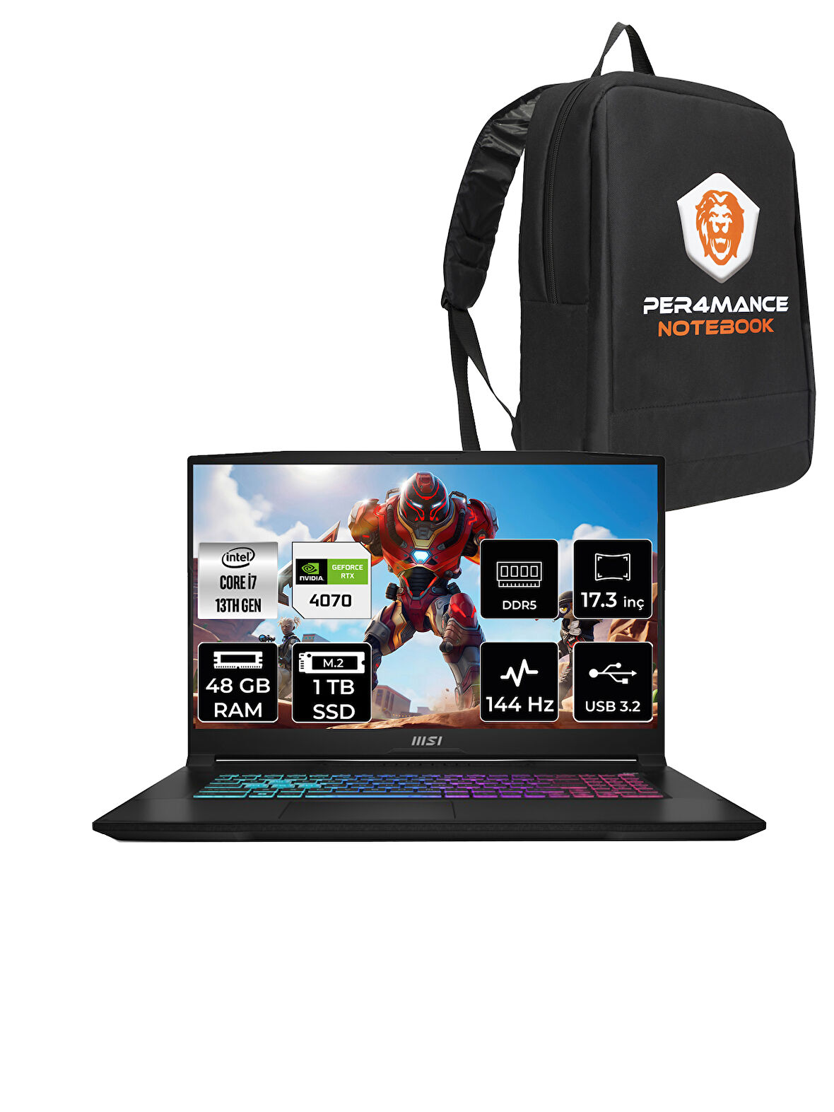 MSI Katana 17  i7-13620H 48GB 1TB SSD RTX4070/8GB 17.3" FHD 144HZ FDOS B13VGK-1287XTR & PER4 ÇANTA