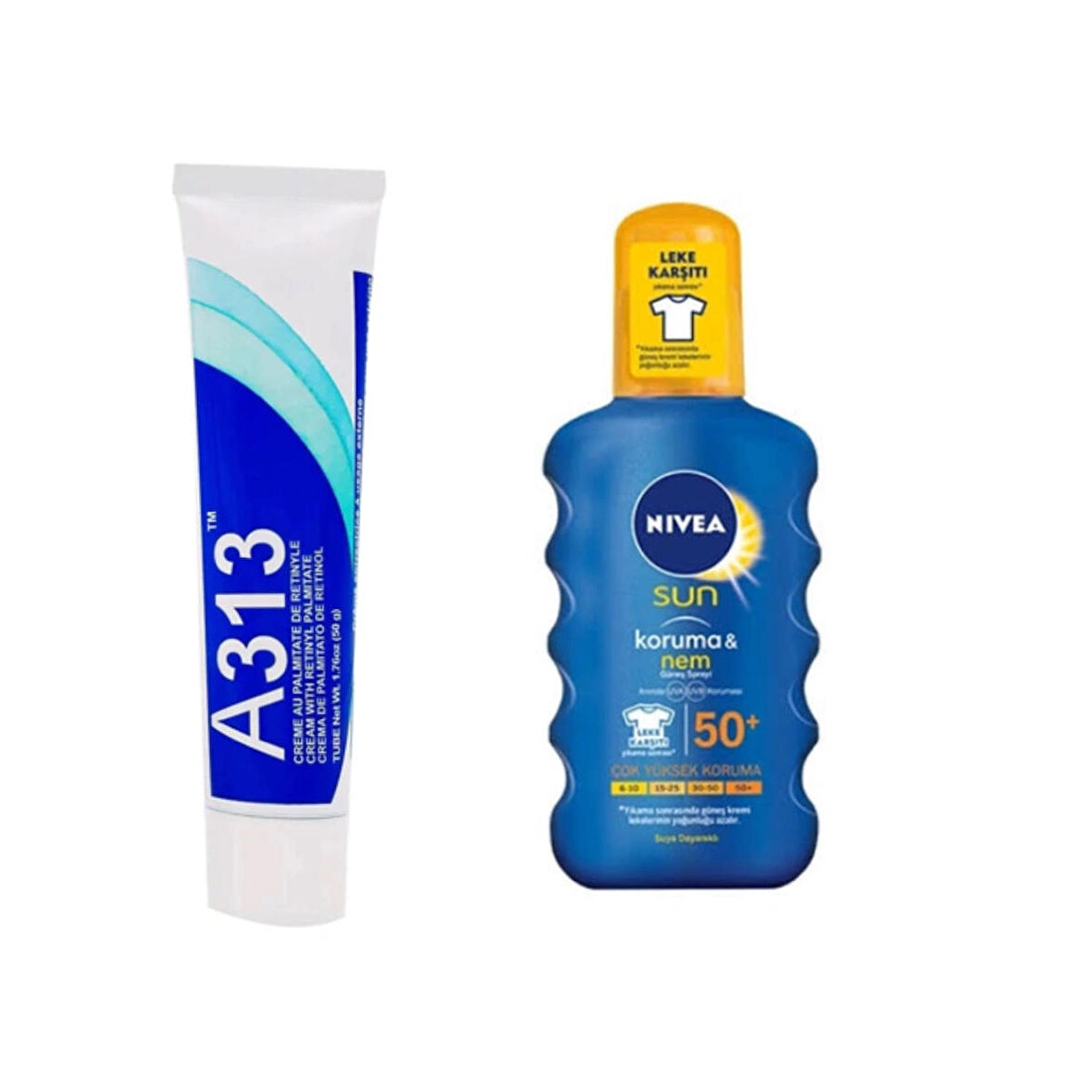 A313 Retinol Pommade Kırışıklık Karşıtı Krem 50 g ve Nivea Sun 50+ güneş kremi