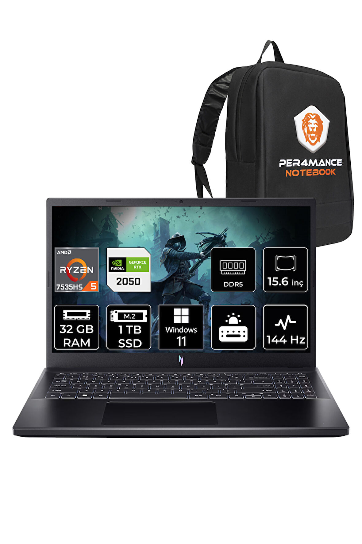 ACER Nitro V15 R5 7535HS 32GB 1TB SSD RTX2050/4GB 15.6'' 144Hz FHD W11P Gaming Laptop & PER4 ÇANTA