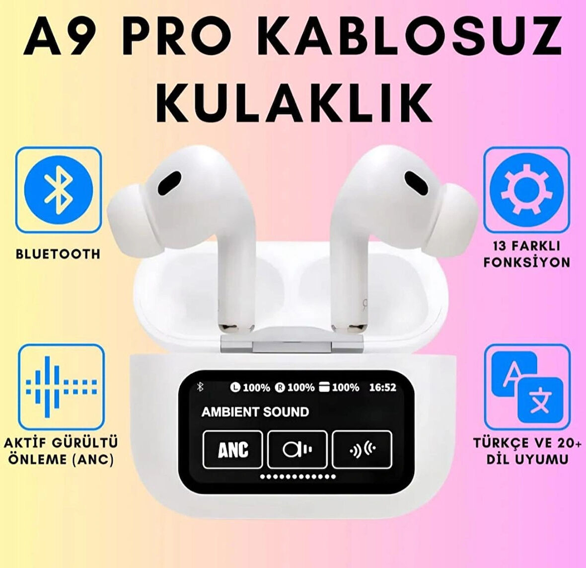 Karler Bass A9 Pro Aktif Gürültü Engelleyici Özellikli Dijital Ekranlı Kablosuz Kulaklık Bluetooth Kulaklık - Beyaz