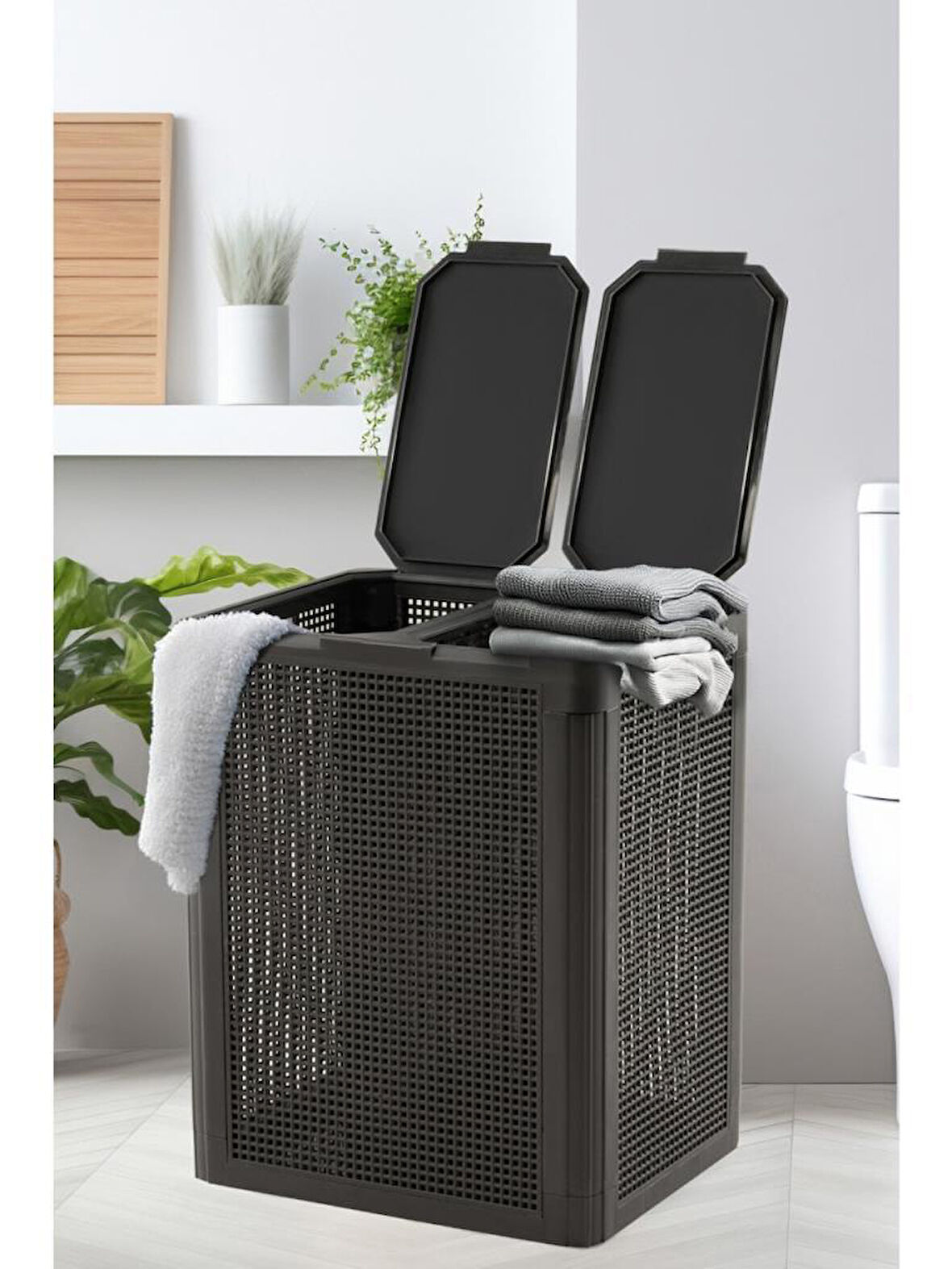 Omnipazar SY-4632 Smart Duo İki Bölmeli Kirli Çamaşır Sepeti 84 Litre Antrasit (116)