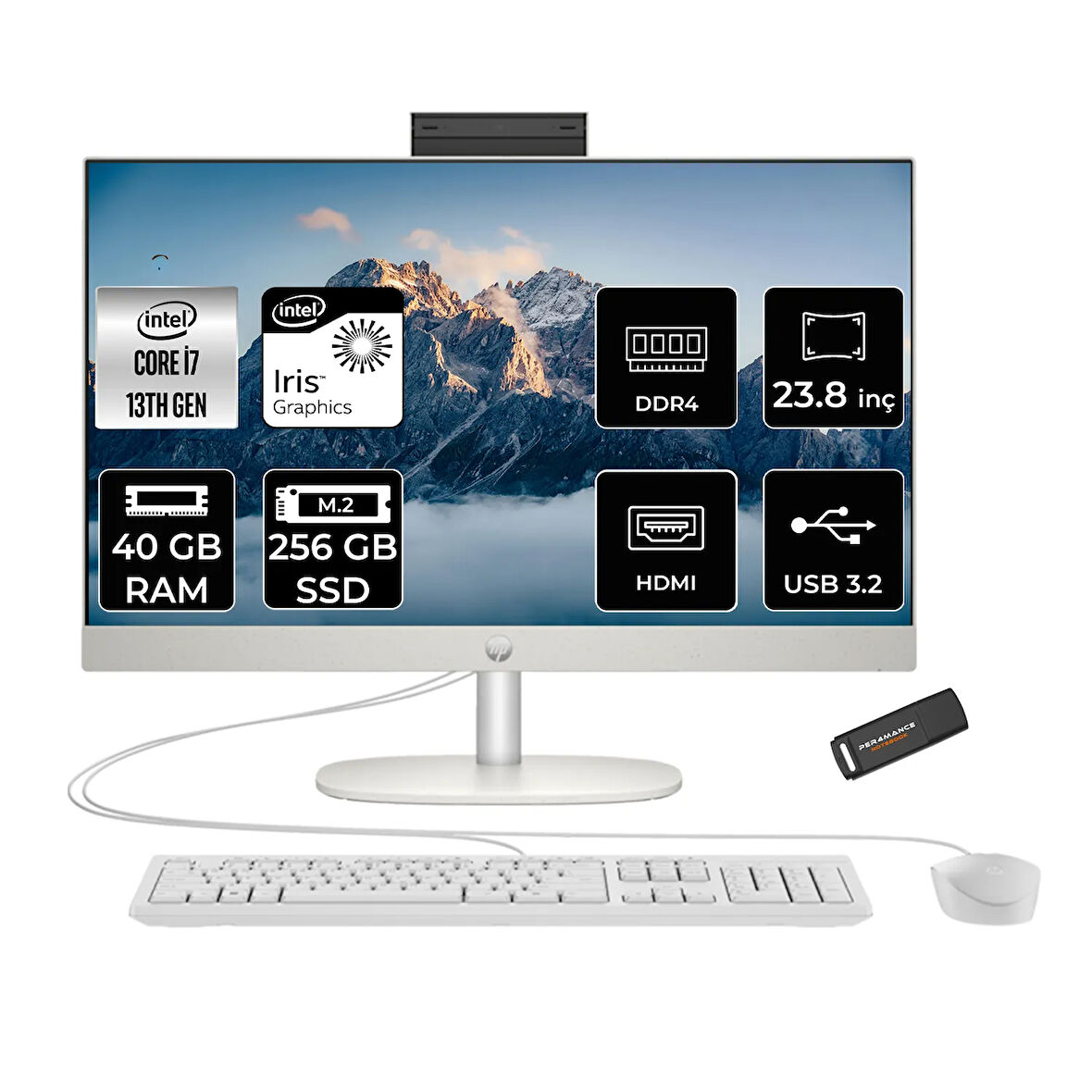 HP ProOne 240 G10 i7 1355U 40GB 256GB SSD Iris Xe Graphics 23.8" FHD FDOS All In One PC Beyaz & PER4