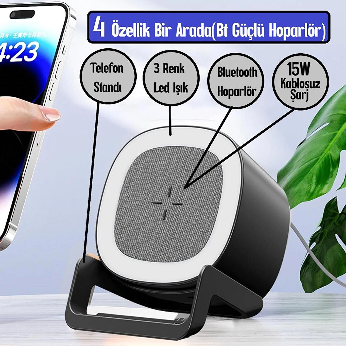 15W Kablosuz Şarj/Bluetooth Hoparlör/3 Renk Led Işık/Telefon Standı/Dokunmatik Butonlu 4 Özellik Bir Arada