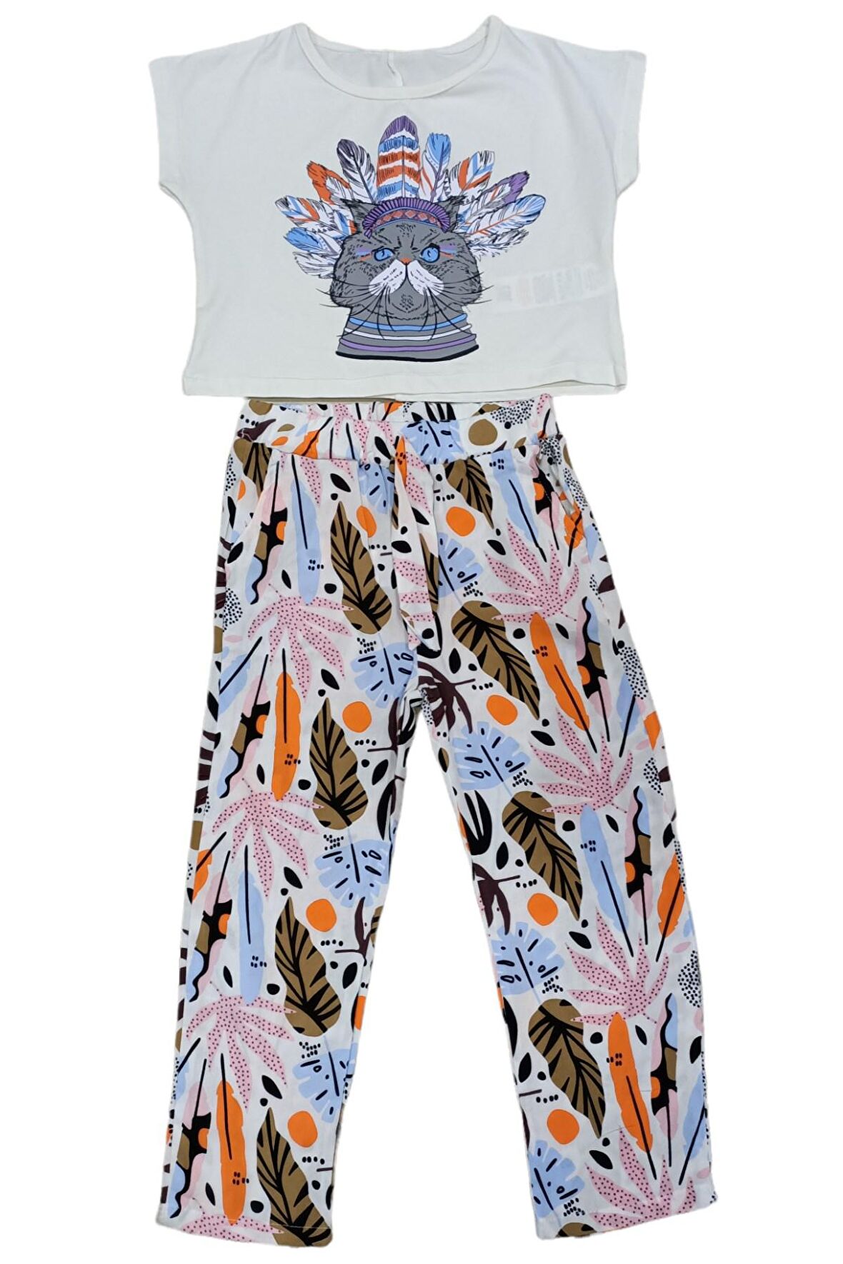 Kız Çocuk Kedi Desenli Crop Tişört Pantolon Takım