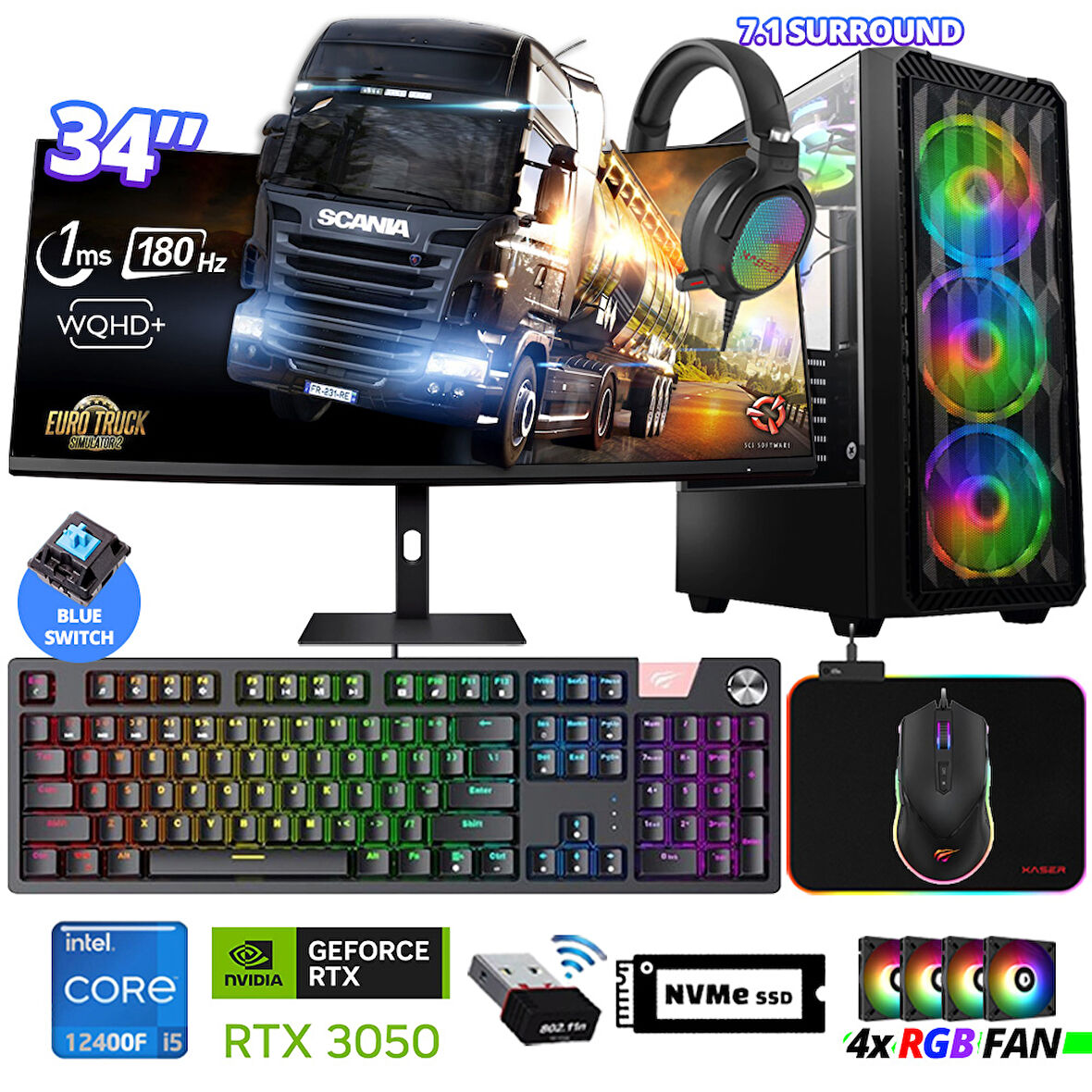 Xaser Delux X97 i5 12400F 32GB Ram 512GB M.2 NVMe SSD 6GB RTX3050 34" 180Hz Curved Oyuncu Bilgisayarı