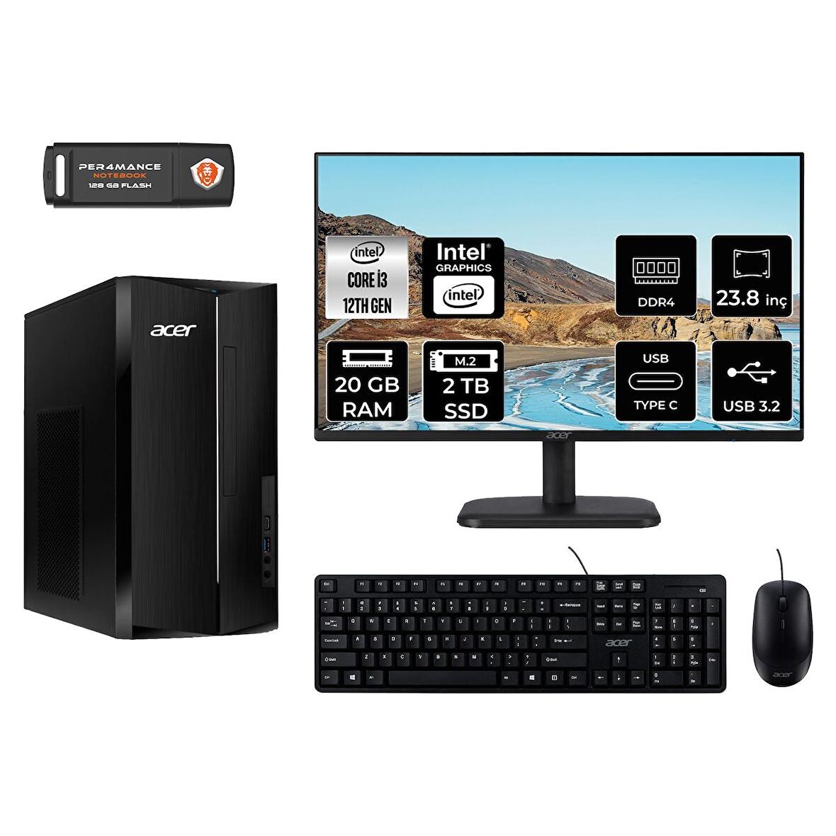 Acer Aspire TC1760 i3 12100 20GB 2TB SSD FDOS DT.BHUEM.004 MASAÜSTÜ PC & 23.8" MONİTÖR