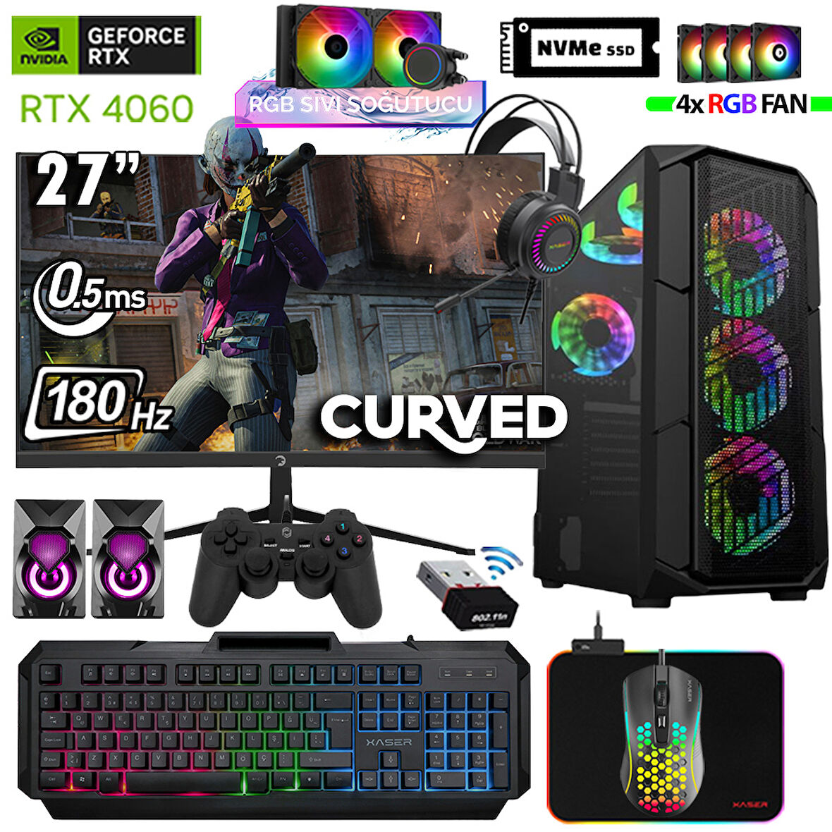 Xaser Thunder x670 Ryzen 7 5700x 32GB Ram 1TB M.2 NVMe SSD 8GB RTX4060 27" 180Hz Oyuncu Masaüstü Bilgisayarı