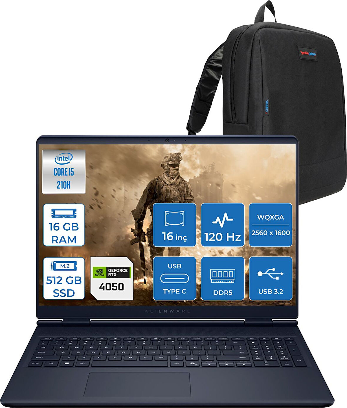 Dell Alienware 16 Aurora Intel Core 5 210H 16GB Ddr5 512GB SSD RTX4050 6gb 85W Freedos 16" WQXGA(2560X1600) 120Hz 300NITS Taşınabilir Bilgisayar AC16250F02 + Zetta Çanta