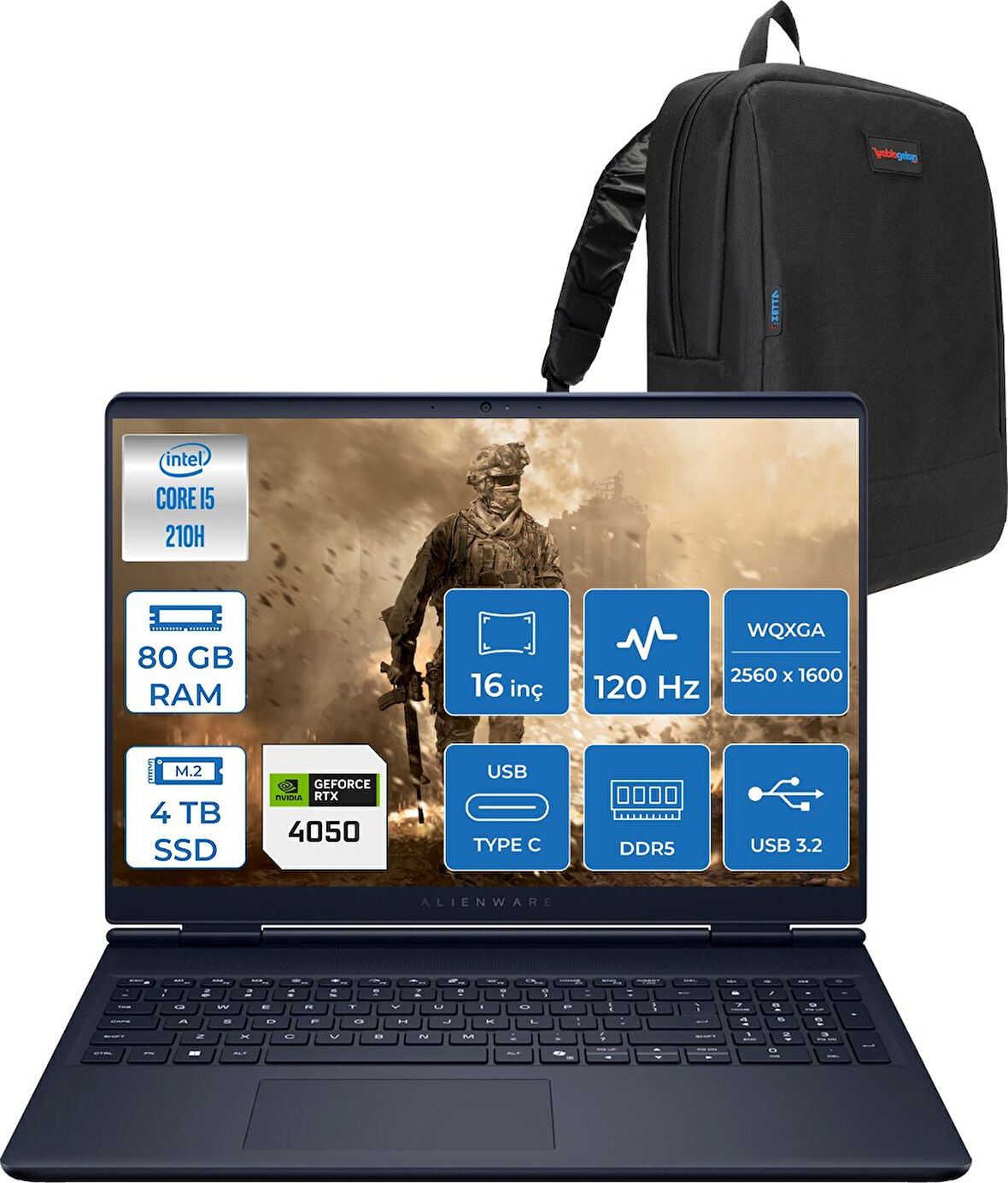 Dell Alienware 16 Aurora Intel Core 5 210H 80GB Ddr5 4tb SSD RTX4050 6gb 85W Freedos 16" WQXGA(2560X1600) 120Hz 300NITS Taşınabilir Bilgisayar AC16250F35 + Zetta Çanta