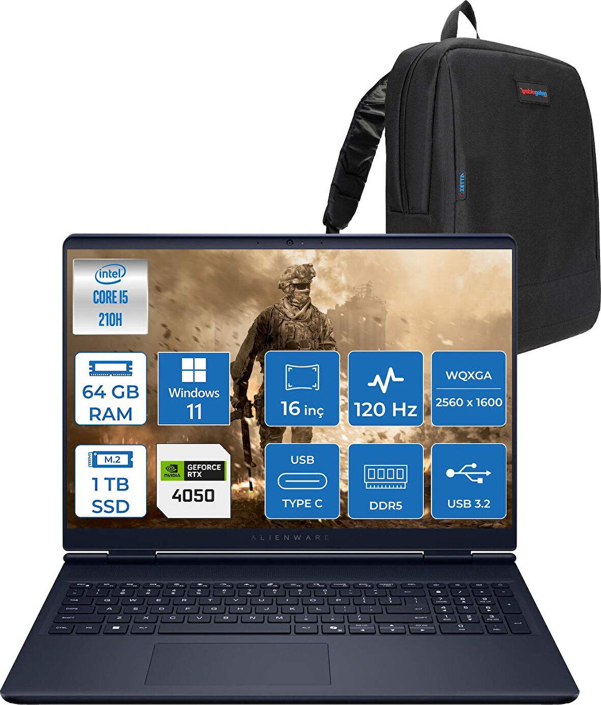 Dell Alienware 16 Aurora Intel Core 5 210H 64GB Ddr5 1tb SSD RTX4050 6gb 85W Windows 11 Home 16" WQXGA(2560X1600) 120Hz 300NITS Taşınabilir Bilgisayar AC16250H28 + Zetta Çanta