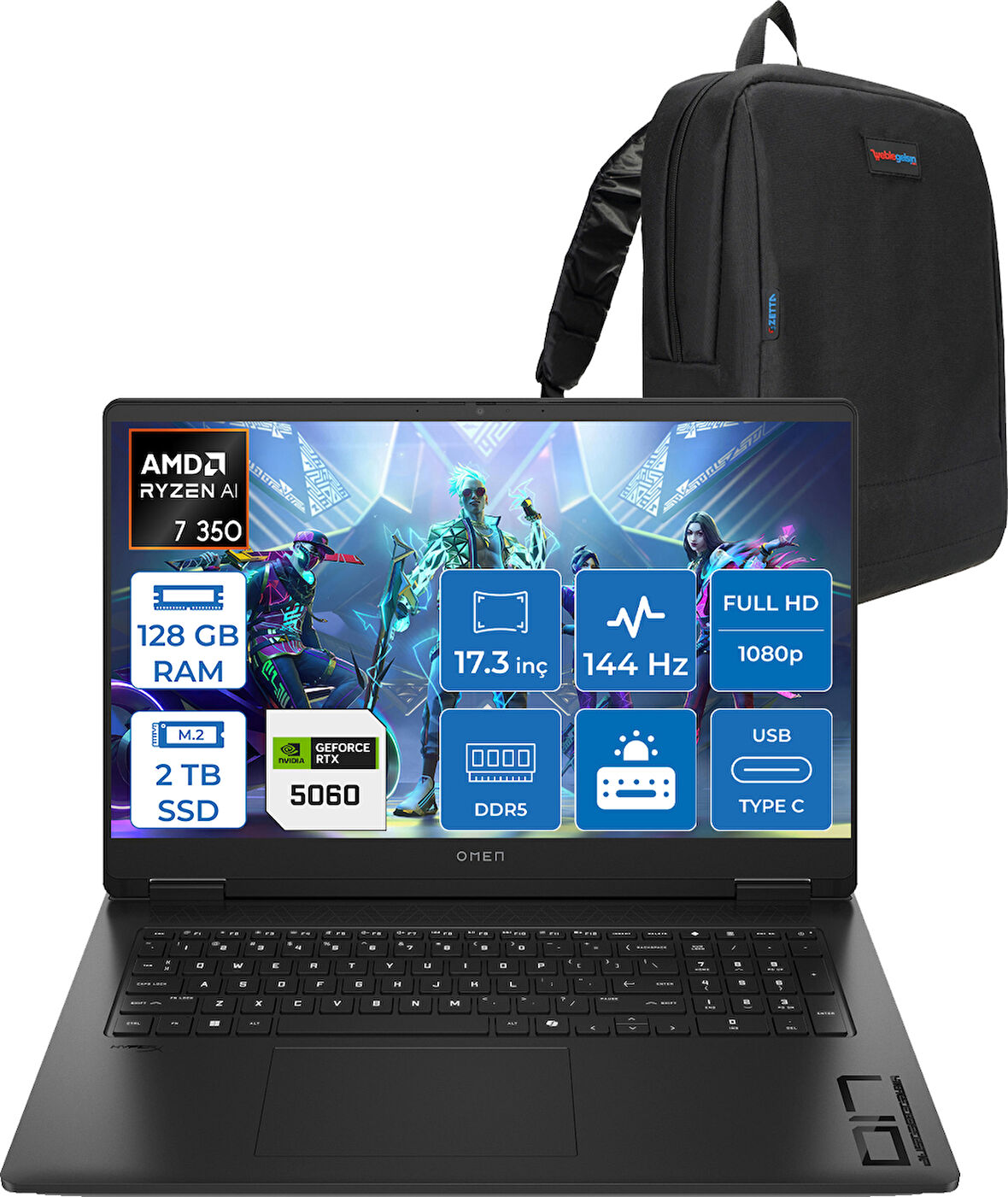 Hp Omen 17-DB1015NT Amd Ryzen Aı 7 350 128GB Ddr5 2tb SSD RTX5060 8gb Gddr7 17.3 Inç Fullhd (1920 x 1080) 144Hz 7ms 300NITS IPS Freedos Taşınabilir Bilgisayar C2EZ5EAF51 + Zetta Çanta